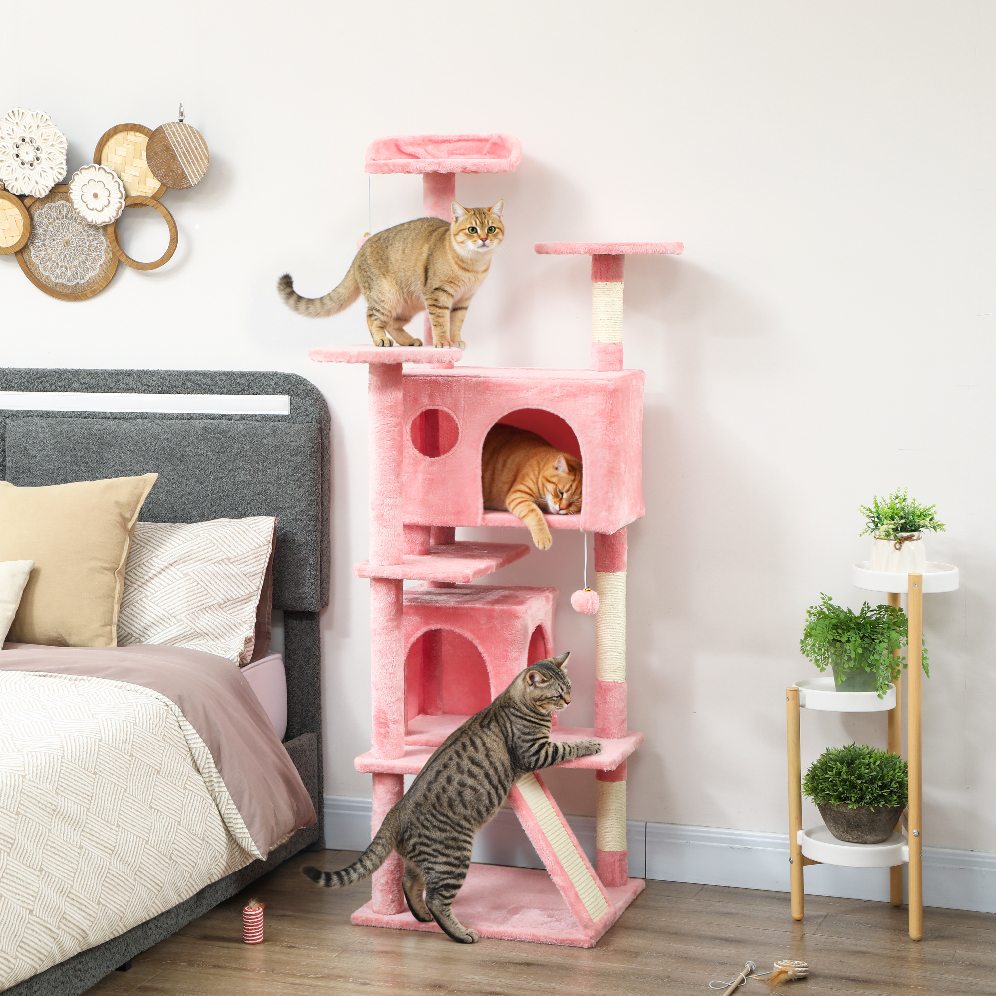 63" Cat Tree, Multi-Level Cat Tower with Scratching Posts, Cat Condos, Bed, Platforms, Ramp, Toy Ball, Pink