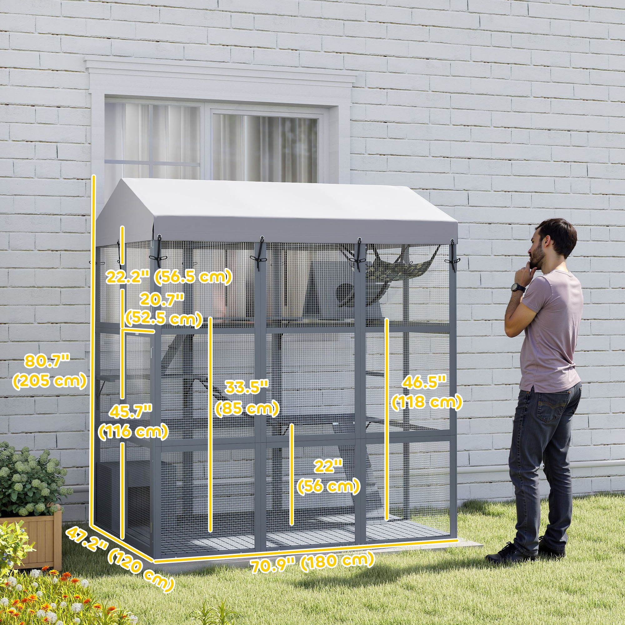 81"H Catio Outdoor with Floor to Prevent Escaping & Easy Cleaning, for 2-4 Cats Kittens, Grey