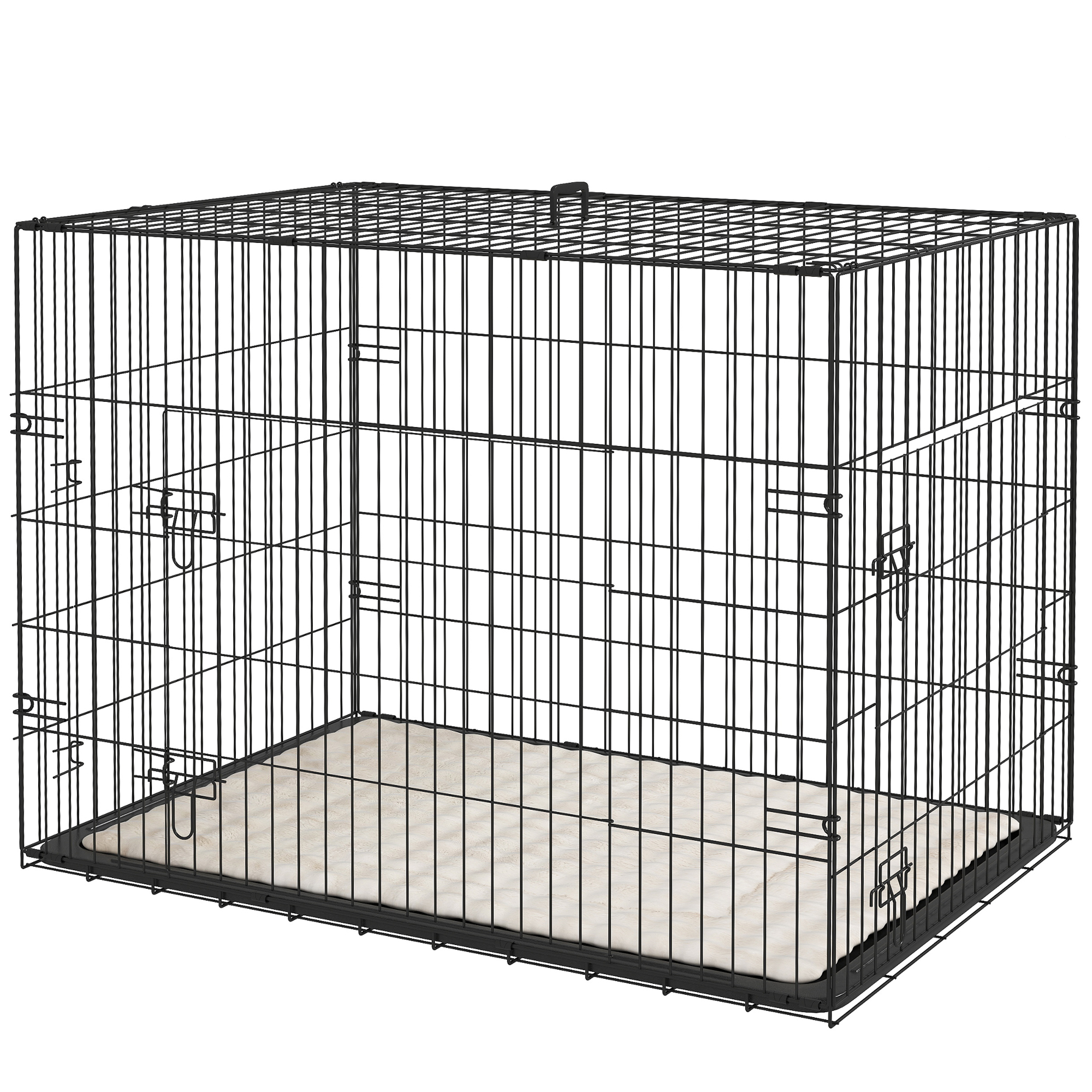 35" Dog Crate with 2 Doors, Folding Metal Dog Cage with Soft Cushion, Removable Tray, Handle, Black