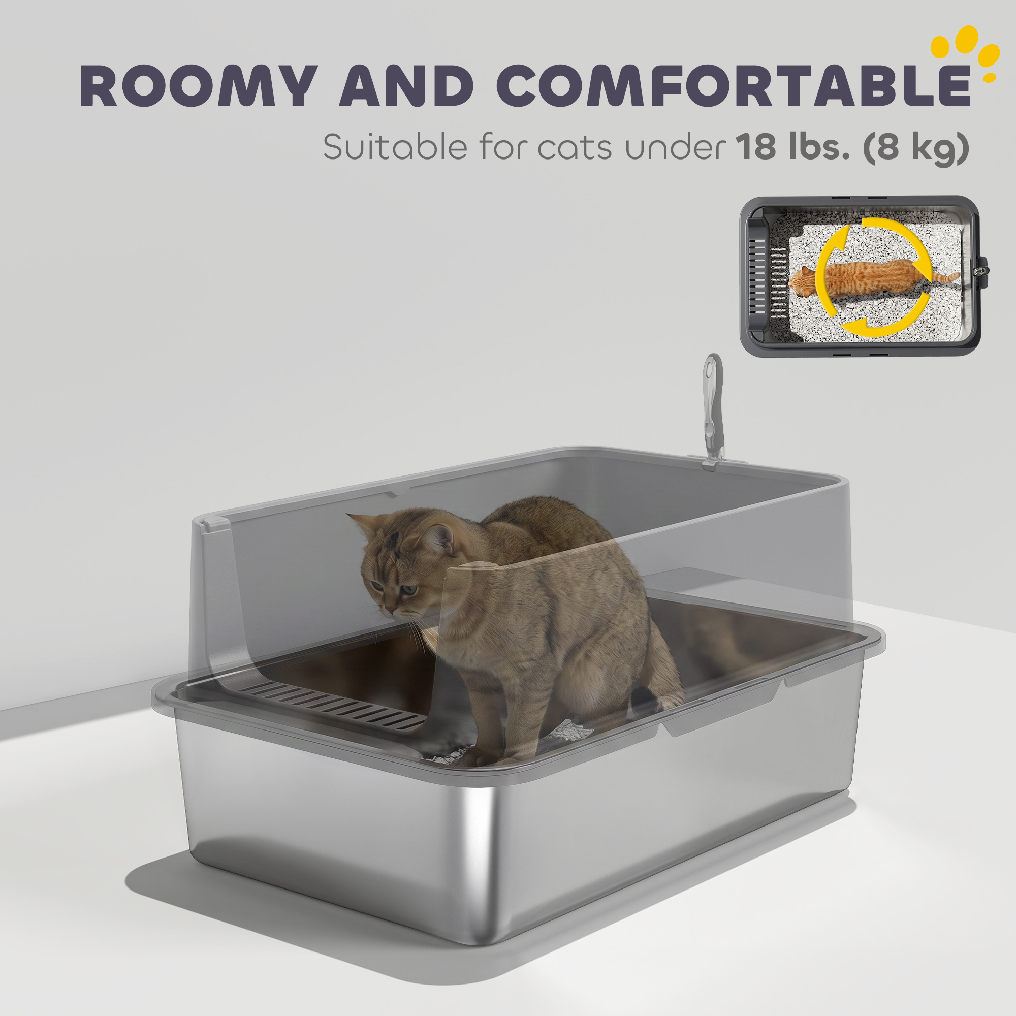 XL Stainless Steel Cat Litter Box for Big and Multiple Cats with High Wall Side, Scoop, Easy Cleaning & Odor Free