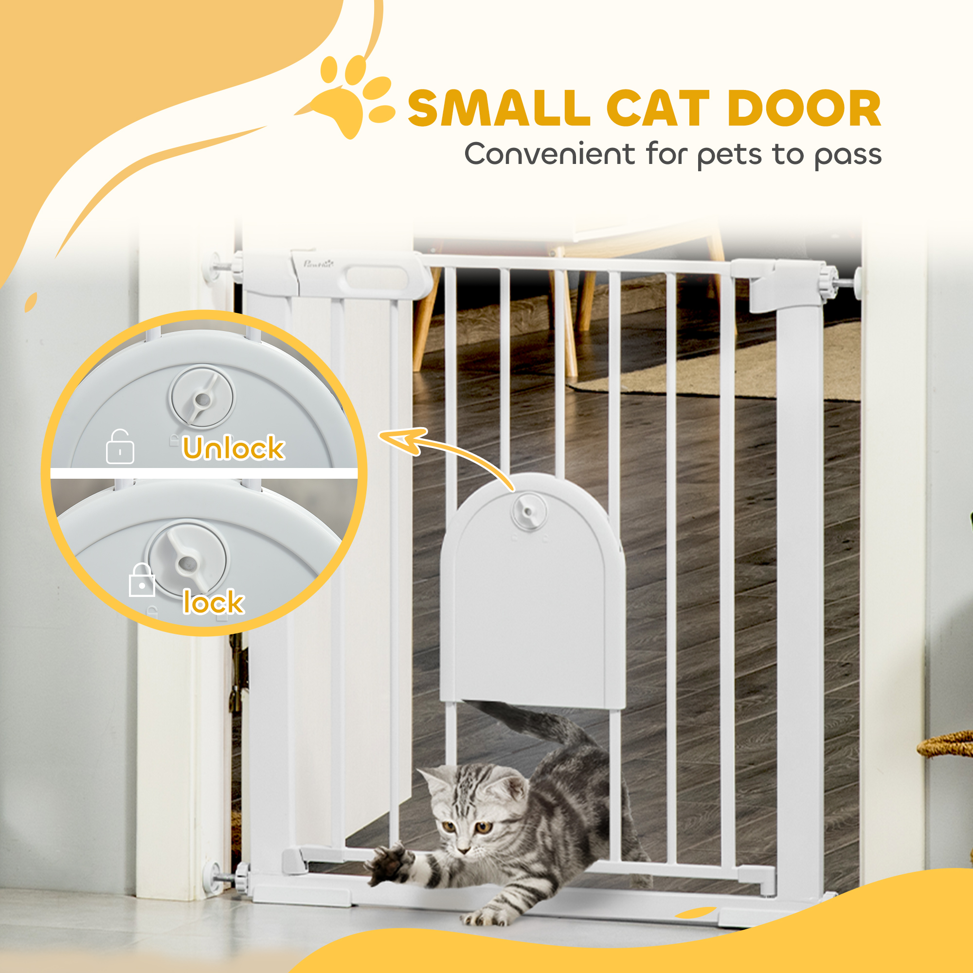 30"-32" Extra Wide Pet Gate Barrier with Small Door, 30"H Dog Gate with Safety Gate Barrier, Stair Pressure Fit, White