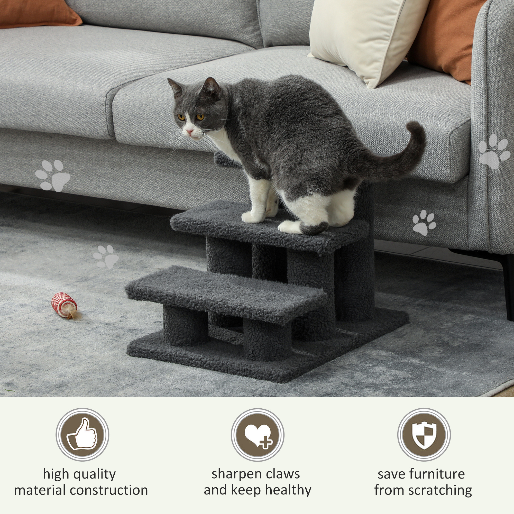 3 Tier Pet Stairs Dog Cat Step Scratch Post Furniture, Dark Grey