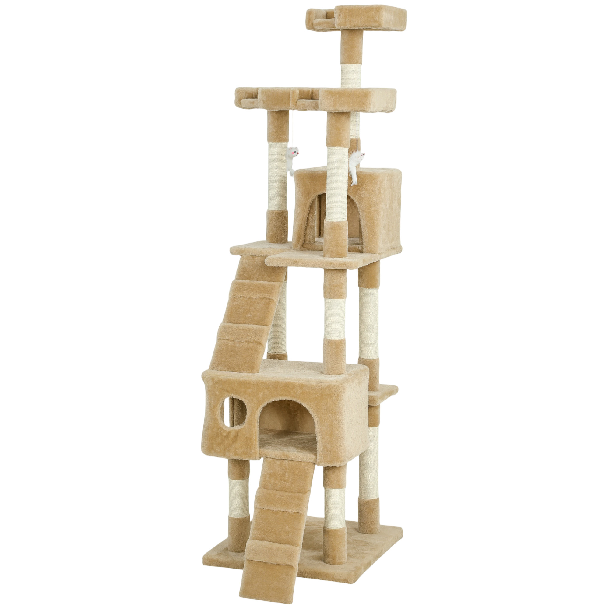 68-inch Multi-Level Cat Scratching Tree Kitty Activity Center Post Tower Condo Pet Furniture w/ Toy Light Brown
