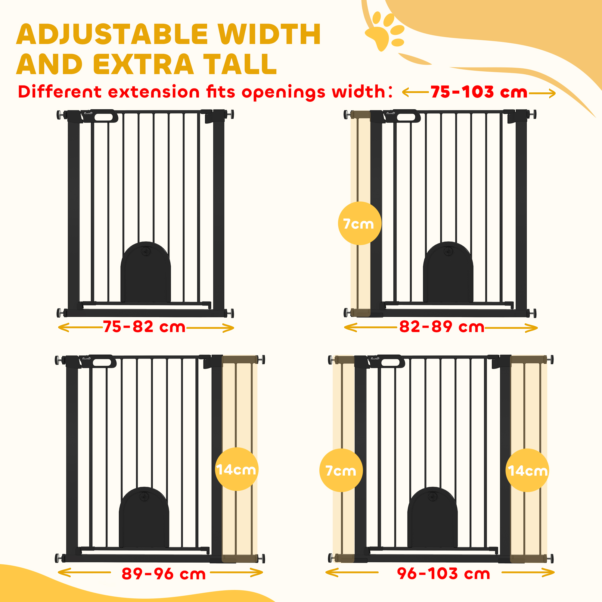 30"-41" Extra Wide Pet Gate Barrier with Small Door, 35"H Dog Gate with Safety Gate Barrier, Stair Pressure Fit, Black