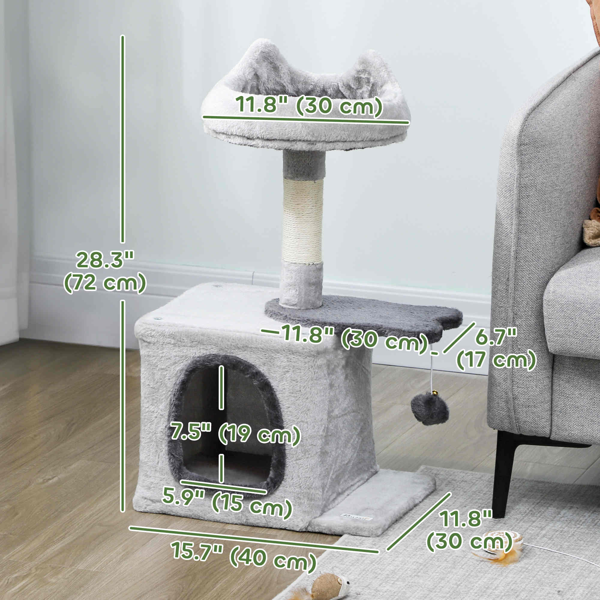 28" Cat Tree Tower with Plush Top Bed, Cozy Condo, Sisal Scratching Post, Perch, Dangling Ball, Light Grey