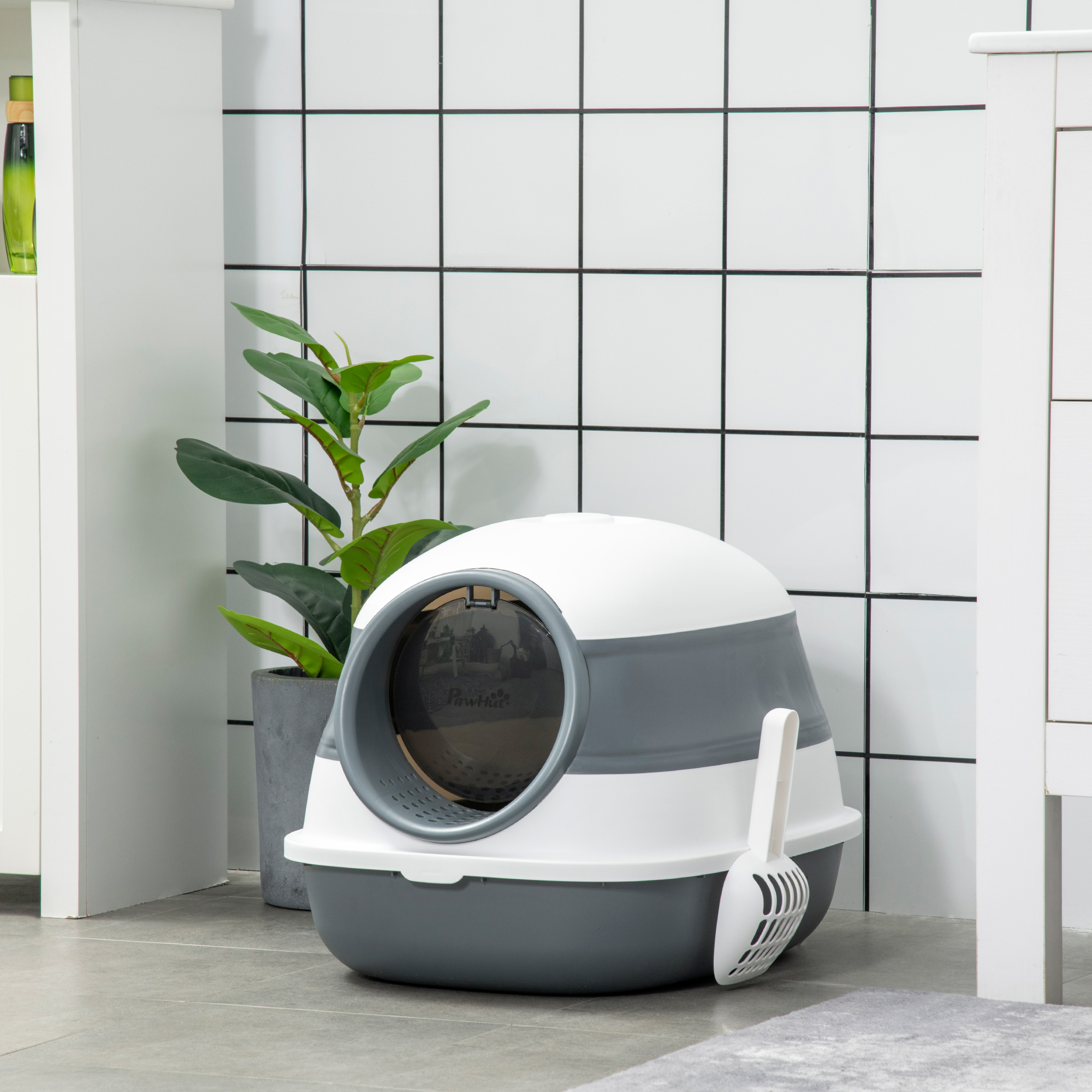 Foldable Large Cat Litter Box with Lid, Covered Kitten Litter Box w/ Automatic Cat Litter-Proof Sides, Deodorization, Easy to Clean, White and Grey