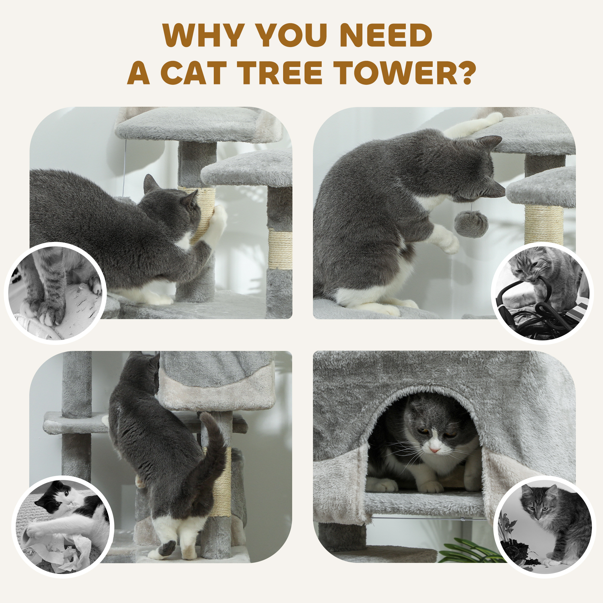 53" Cat Tree Scratching Large Kitten Play House Multi-Level Activity Center Pet Furniture, Grey
