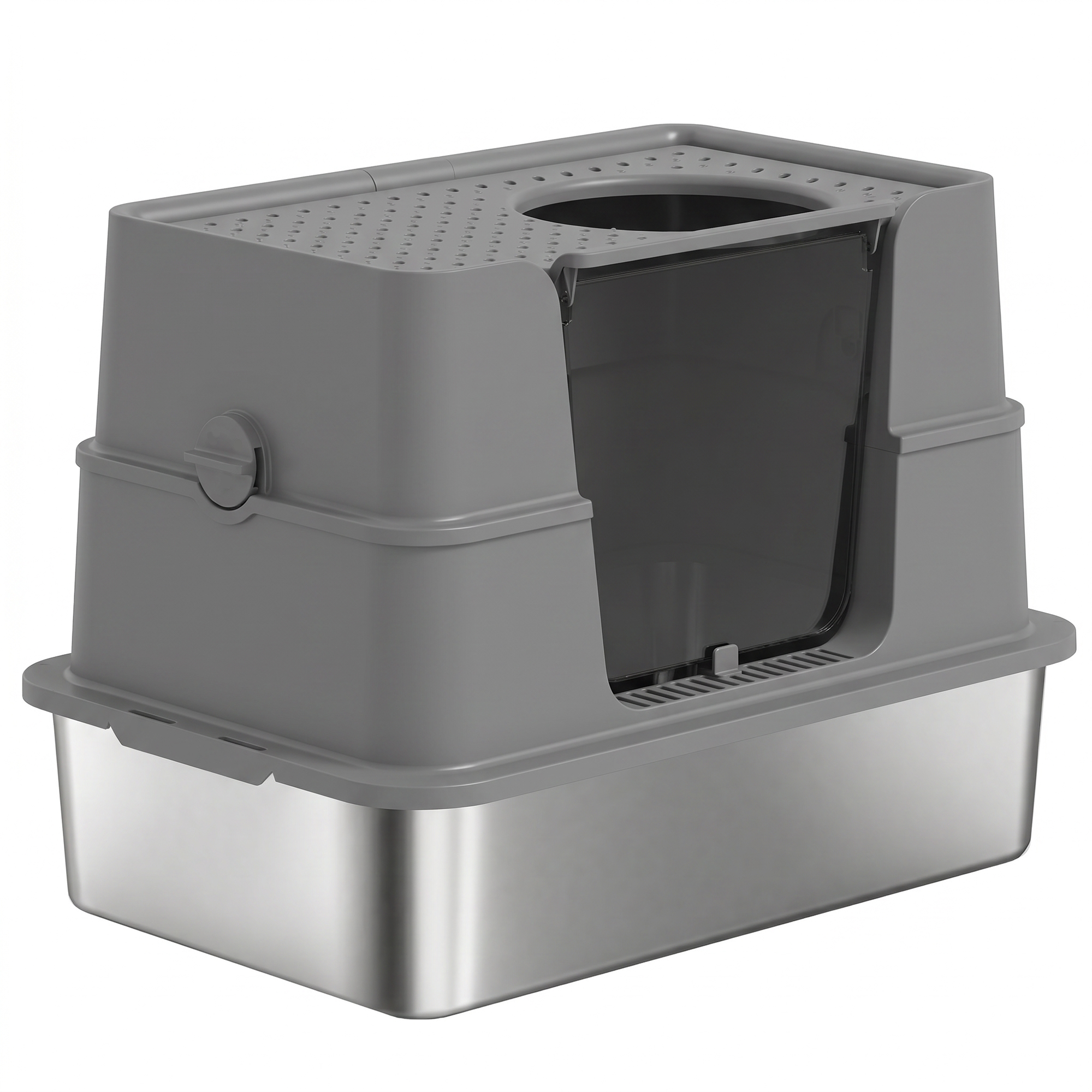 XL Stainless Steel Litter Box w/ 100° Flip Top, Scoop, Side Top Dual Entry, Odor Free, Easy Cleaning, Anti Leakage