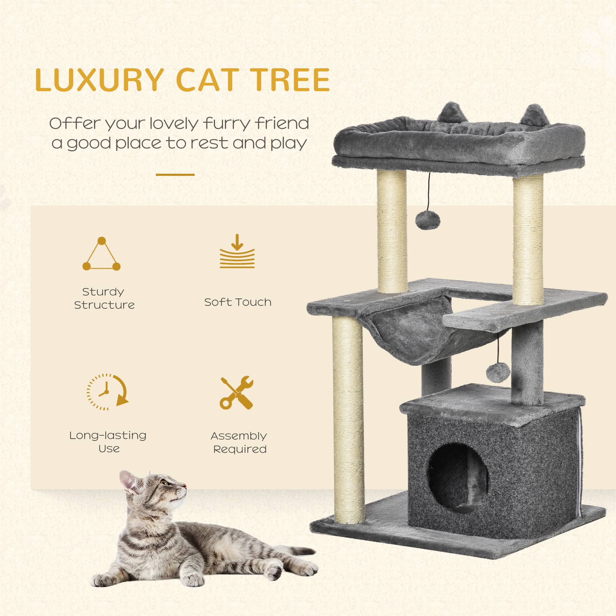 39.25'' Cat Tree Tower Multi-Level Kitten House with Scratching Post Condo Hammock Bed Ball Toy - Grey