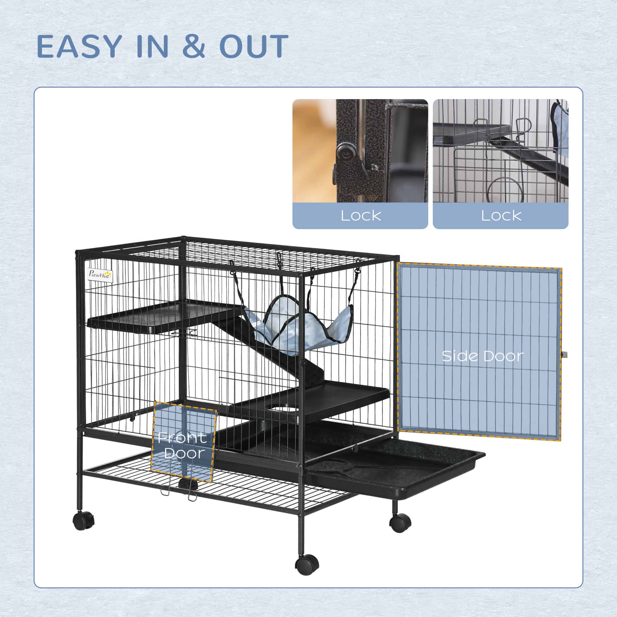 Small Animal Cage with Hammock, 3-Tier Ferret Cage Removable Tray