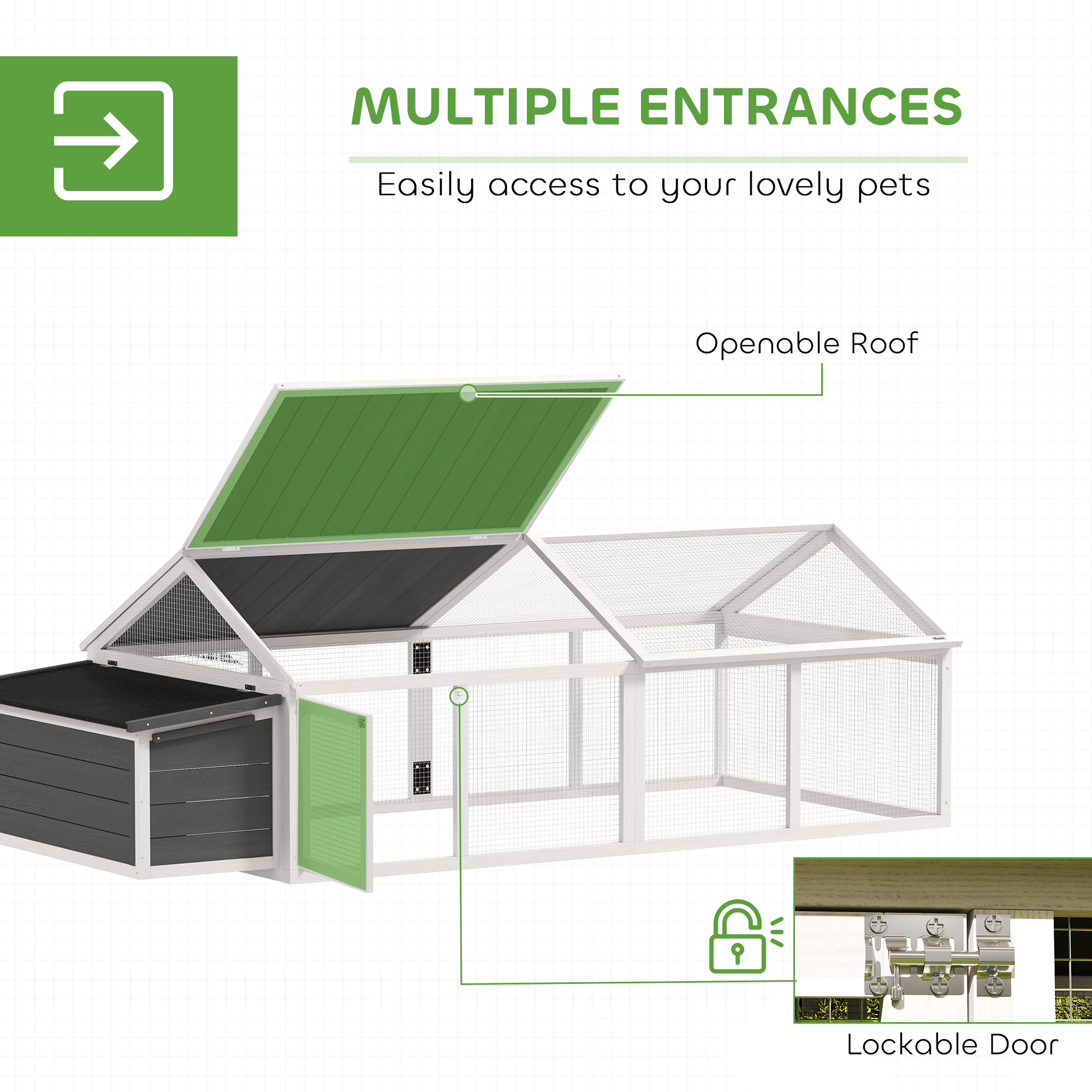 95"L Chicken Run Large Chicken Coop with Nesting Box Wooden Roof Side Door for Outdoor 4–8 Chickens