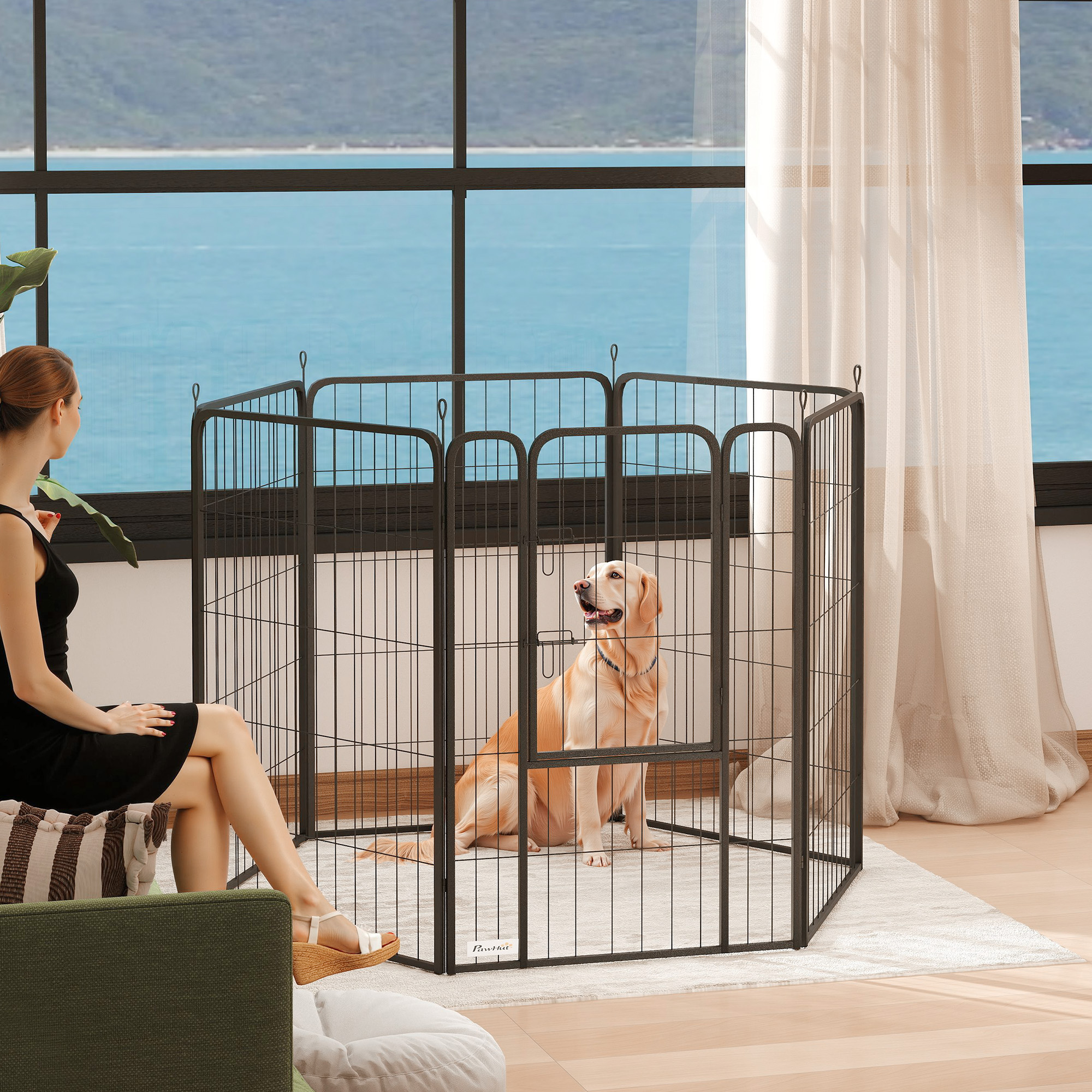 6 Panels Heavy Duty Dog Playpen Outdoor Indoor with Door & Strap, 39" Height Portable & Foldable Pet Playpen