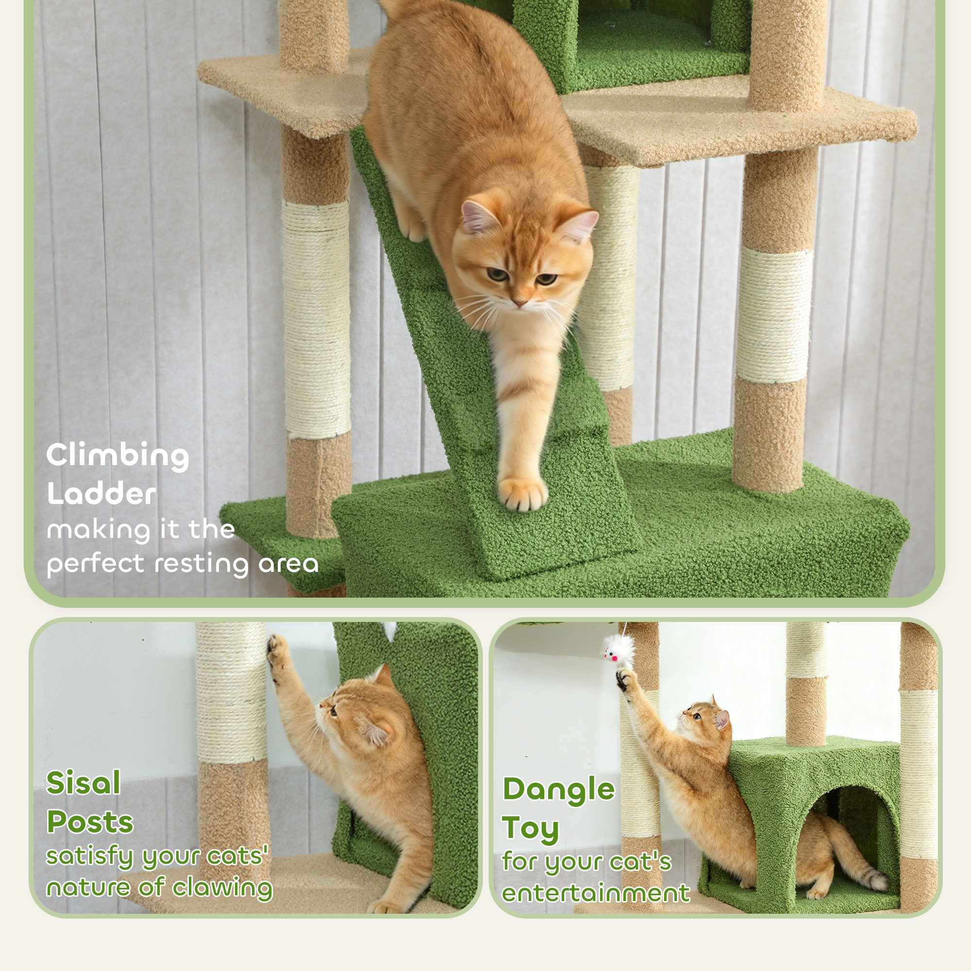 68-inch Multi-Level Cat Scratching Tree Kitty Activity Center Post Tower Condo Pet Furniture w/ Toy Green