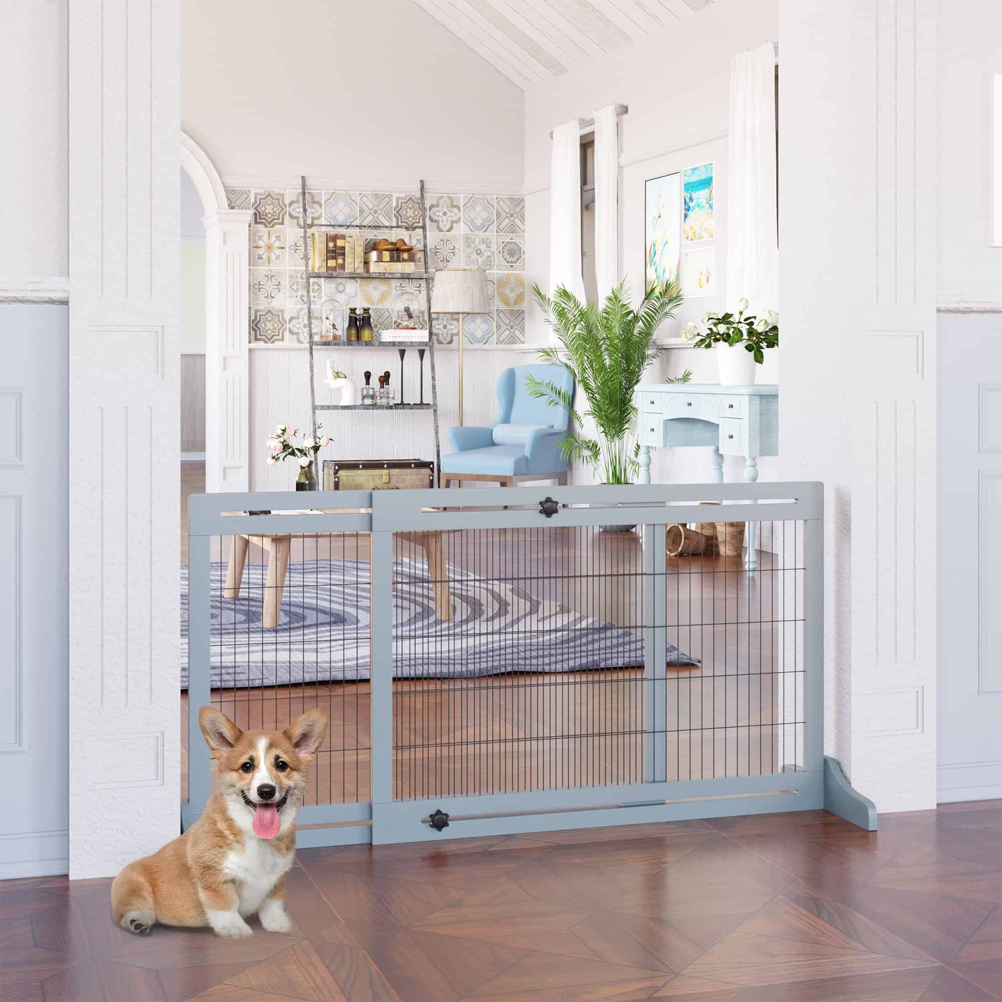 41"-71" Wooden Freestanding Pet Gate with Support Feet, for Small Medium Dogs, Grey-Blue - Image 8
