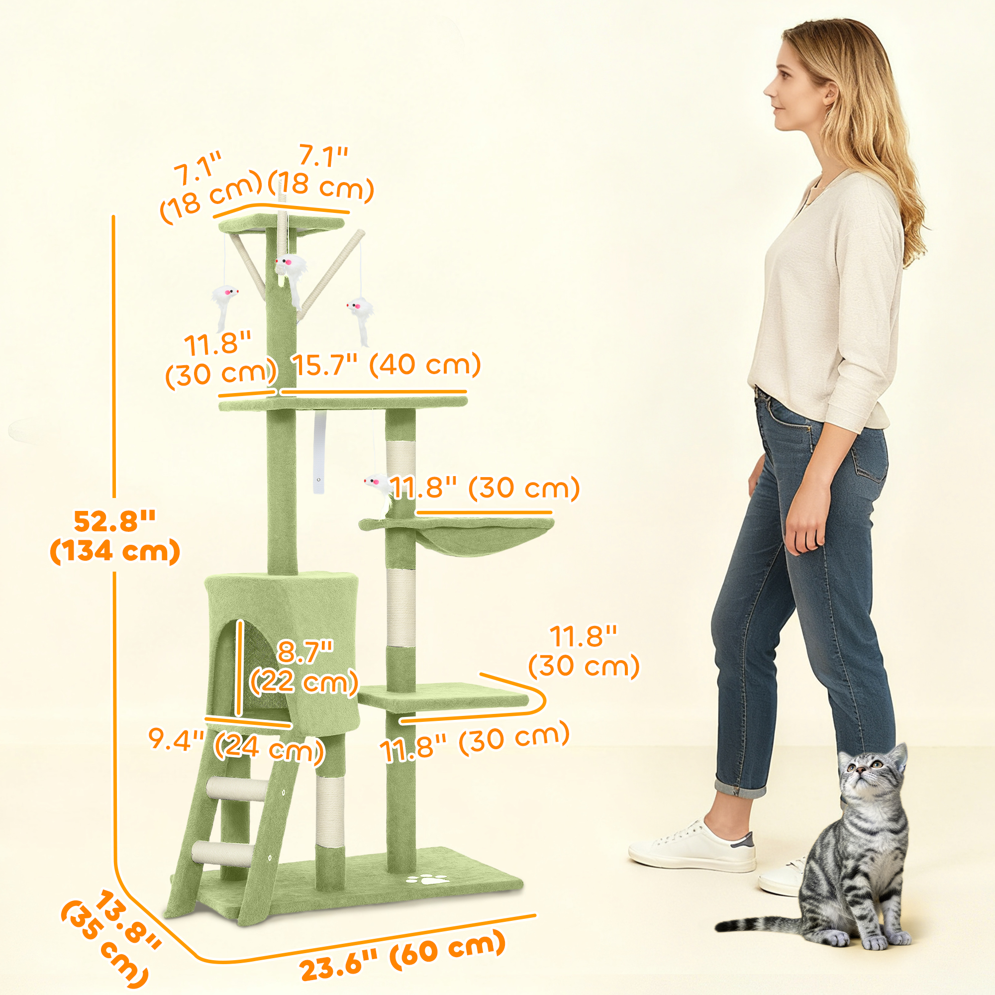 53" Cat Tree Tower, Kitten Activity Centre with Scratching Posts, Condo, Perches, Ladder, Hammock, Dangling Toys, Green