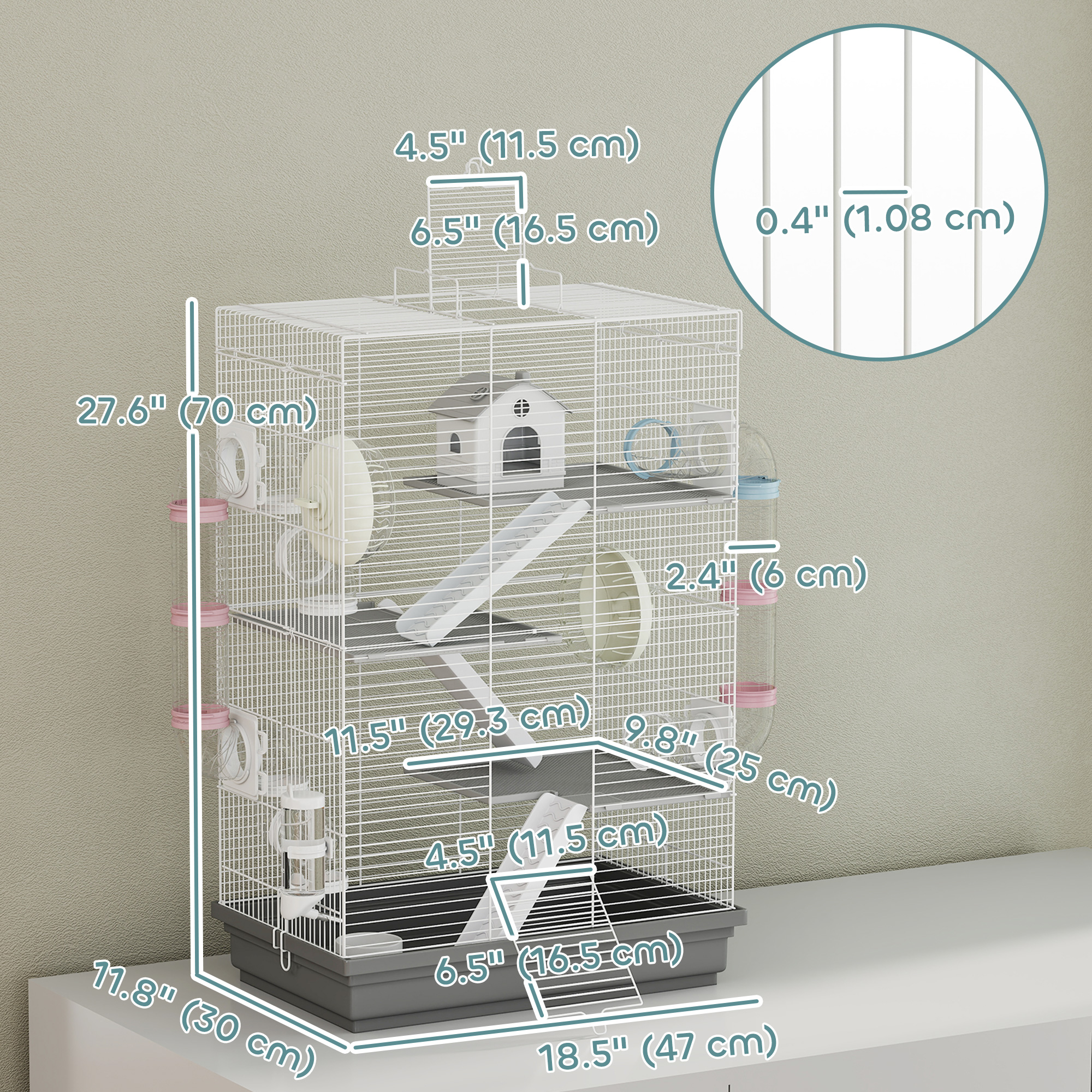 4-Level Large Hamster Cage with DIY Tubes, Water Bottle, Food Dish, Hut, Exercise Wheels, Grey - Image 3