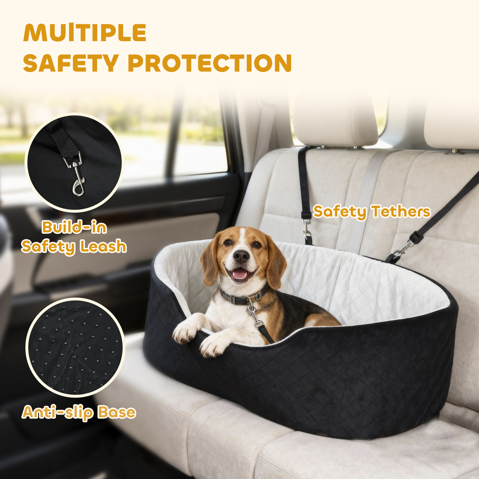 Dog Car Seat for Small Medium Pets, Detachable Washable Pet Bed with Cushion and Safety Belt for Dog Under 33lbs, Black