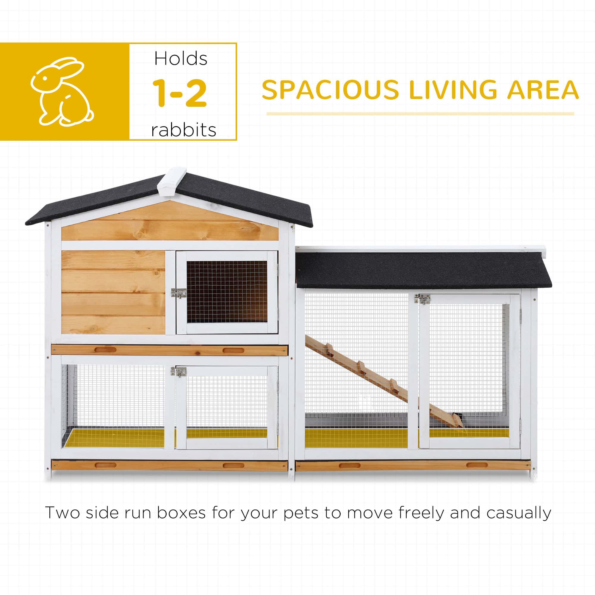 2-tier Wood Rabbit Hutch Backyard Bunny Cage Small Animal House w/ Ramp and Outdoor Run, Yellow - Image 5