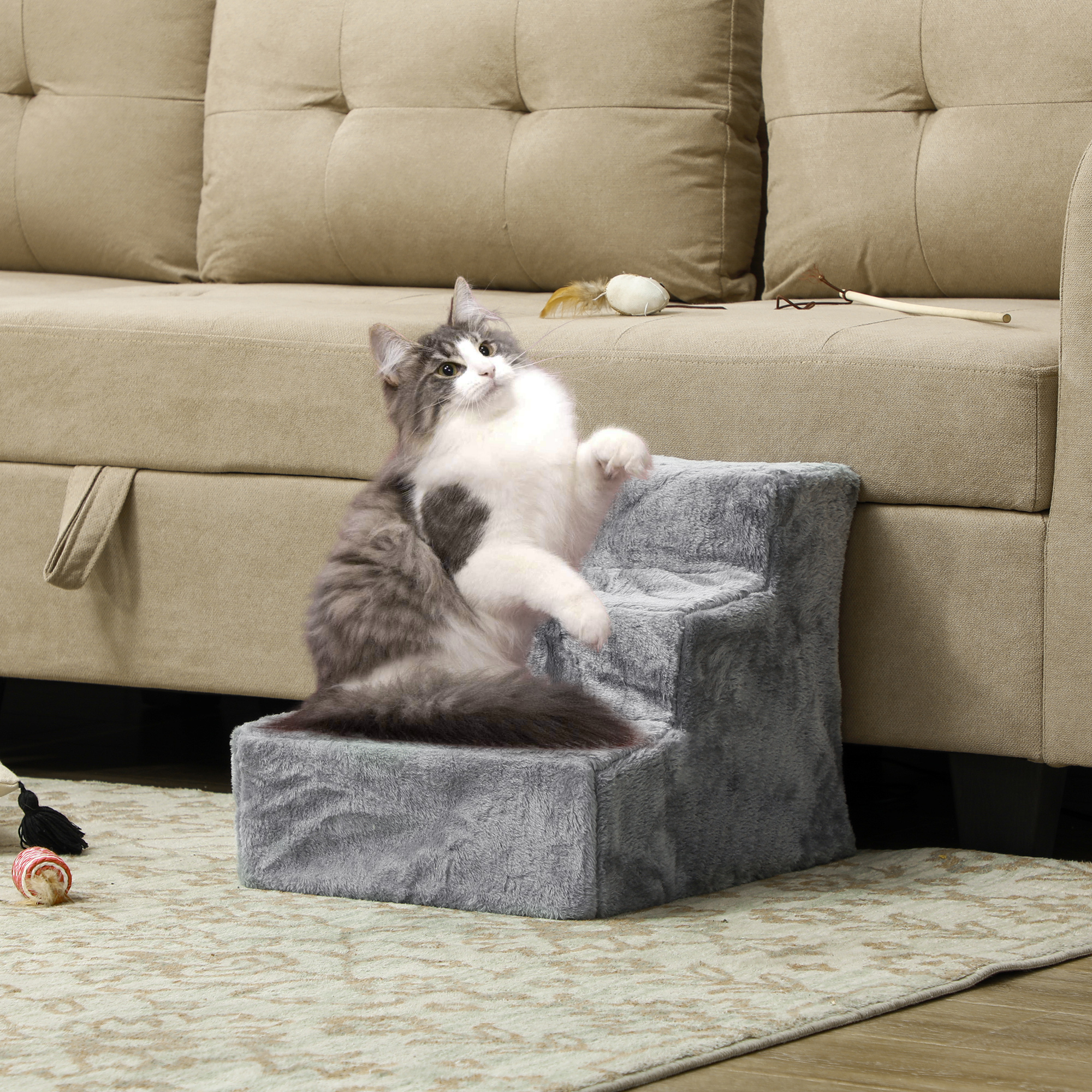 3-Step Dog Ramp for Sofa, Bed, and Couch, with Removable Cover, Light Grey