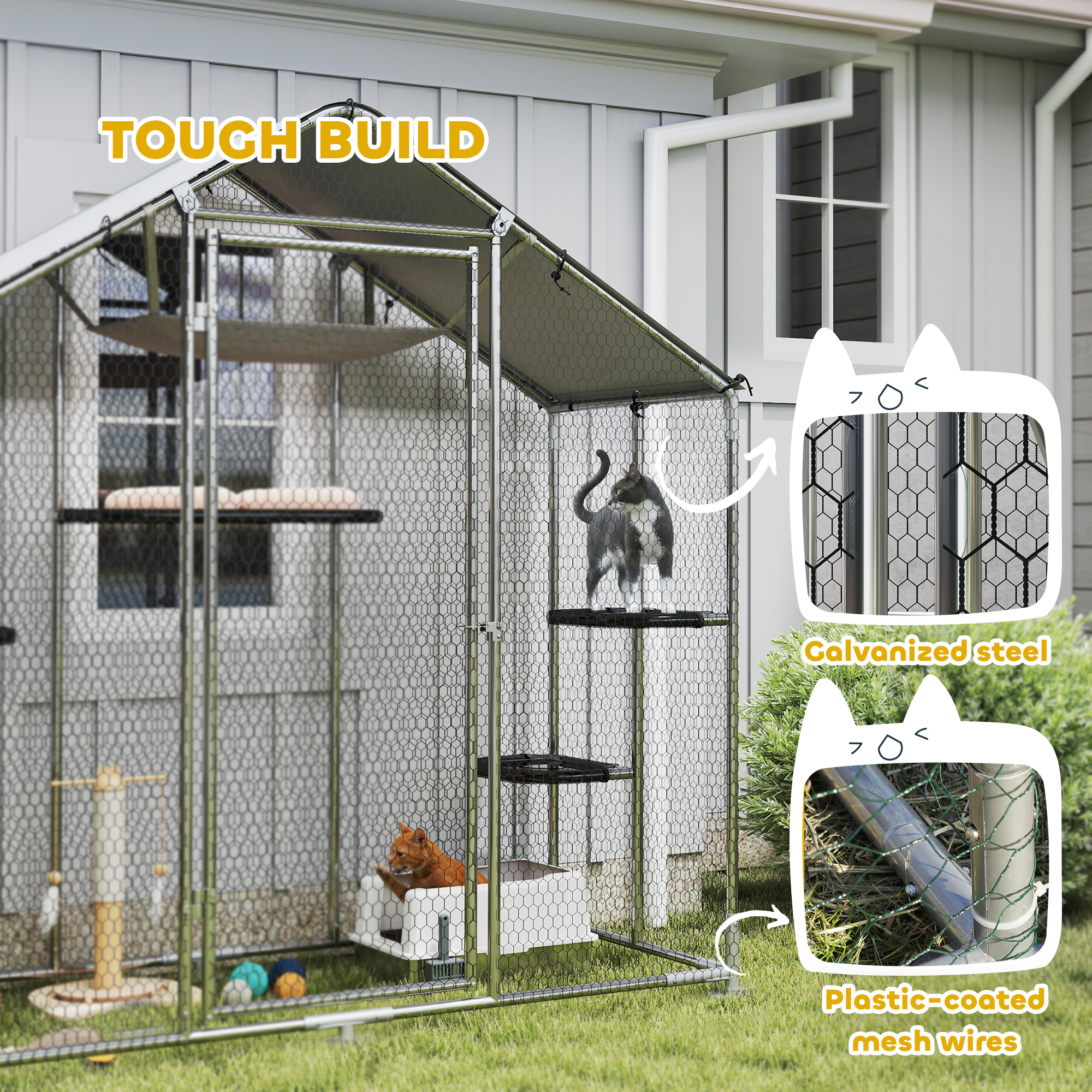 Large Catio Outdoor Cat Enclosure with Waterproof Cover, Walk-in Cat Patio w/ 5 Adjustable Platforms & Hammock 79" W
