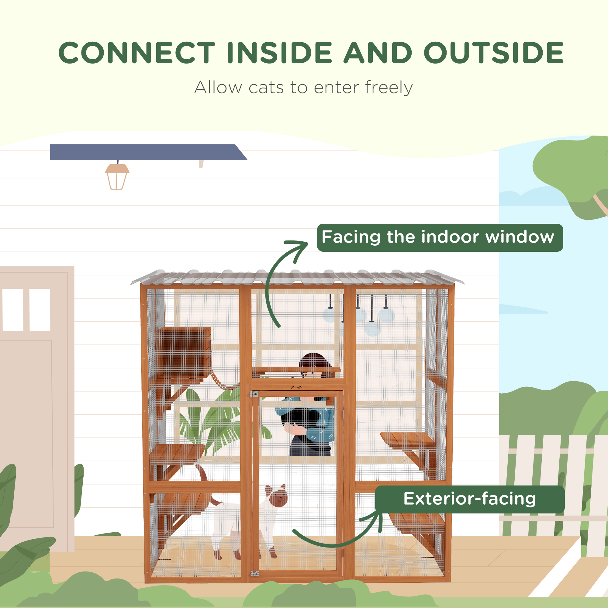 Large Outdoor Catio with Weatherproof Roof, Bridge, Resting Box, Platforms, Orange