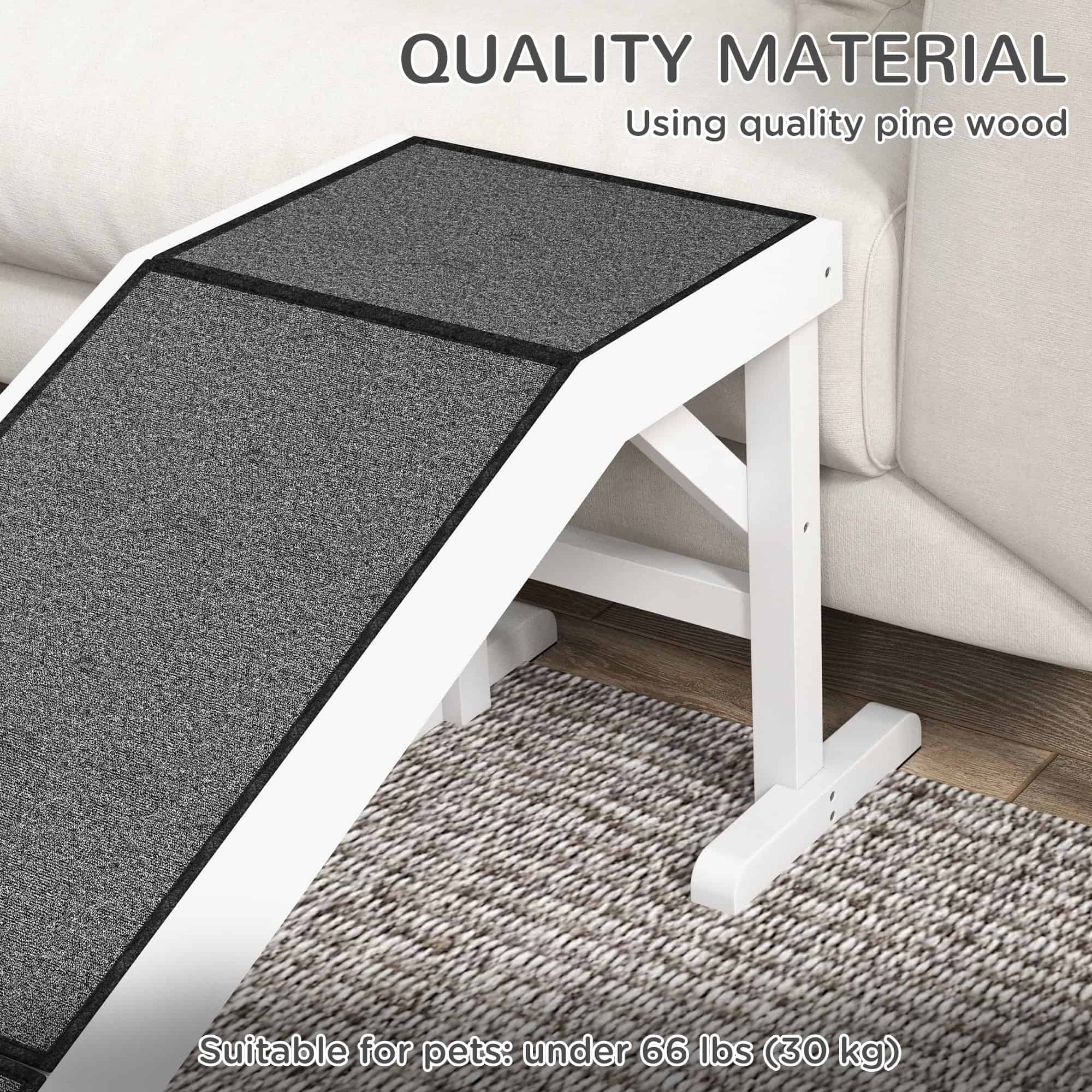 Pet Ramp Bed Steps for Dogs Cats Non-slip Carpet Top Platform Pine Wood 59"L x 16"W x 20"H White