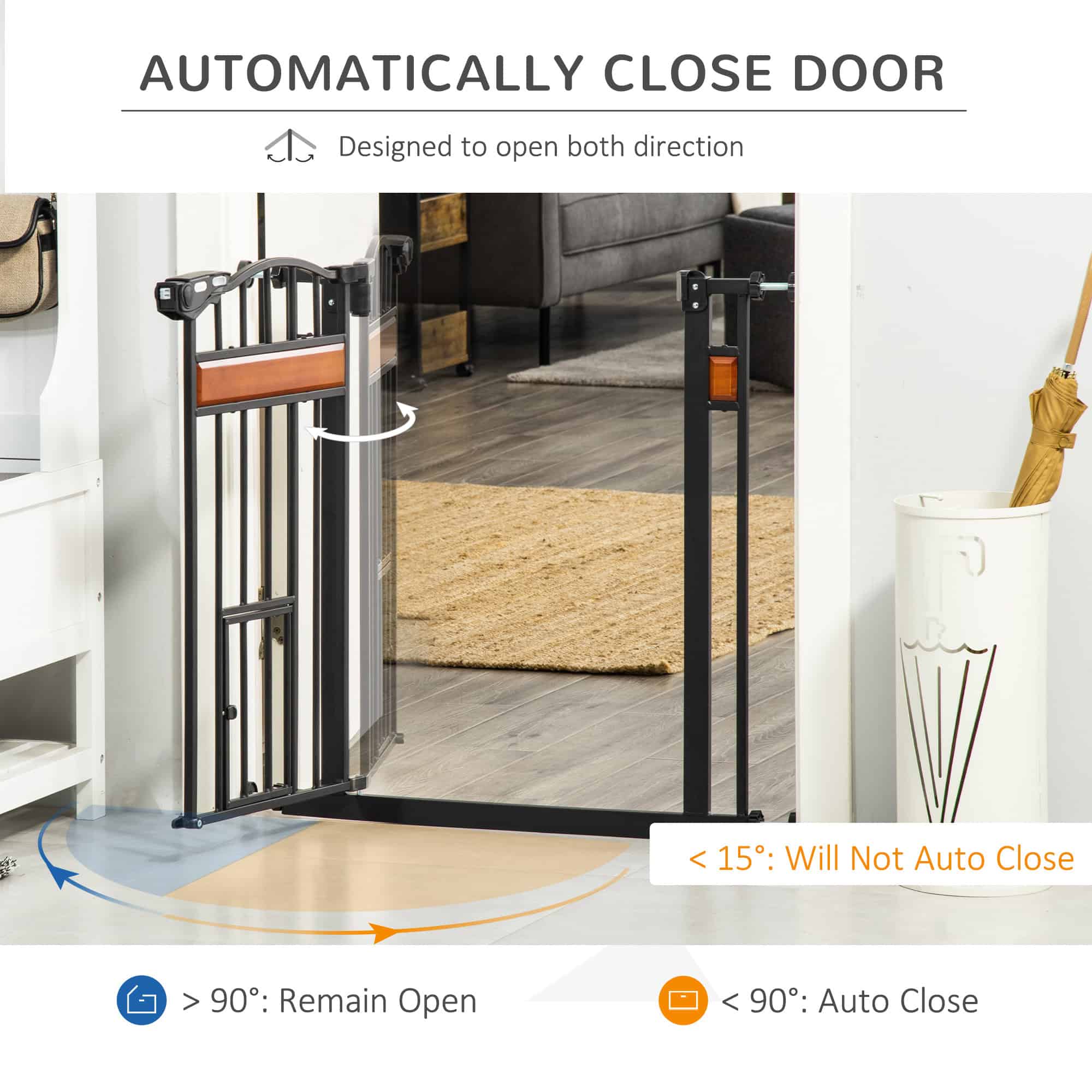 29.1''-31.5'' Extra Wide Dog Gate with Cat Door, 30"H Stair Gate with Extension, Wall Cups, Pressure Fit, Auto Close, Double Locking, for Doorways, Hallways, Stairs, Black - Image 5