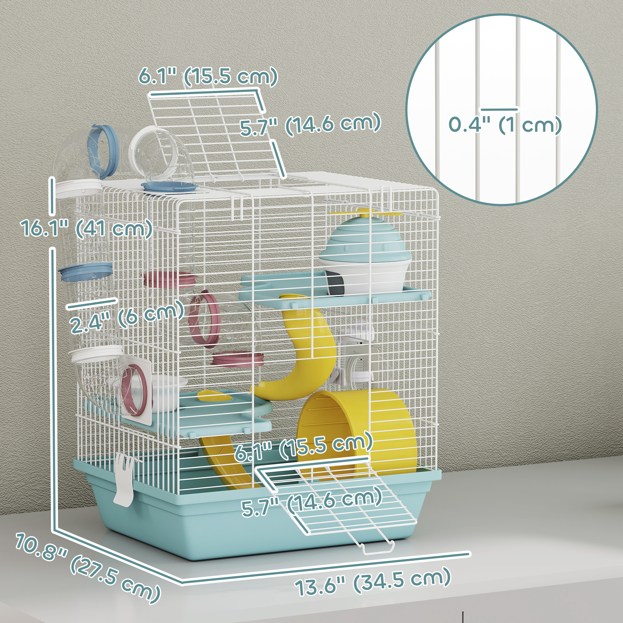 3-Level Hamster Cage with Exercise Wheel, Play Tube, Water Bottle, Food Dish, Hut, Ladder, Blue