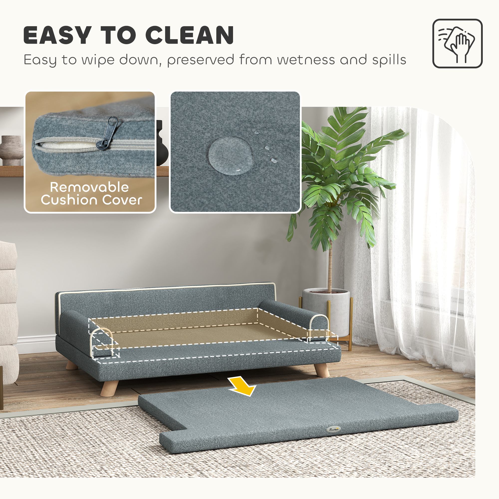 Elevated Dog Sofa Bed, Cat Couch with Cushion, Washable Cover, Wooden Legs, for Medium & Large Dogs, Dark Grey