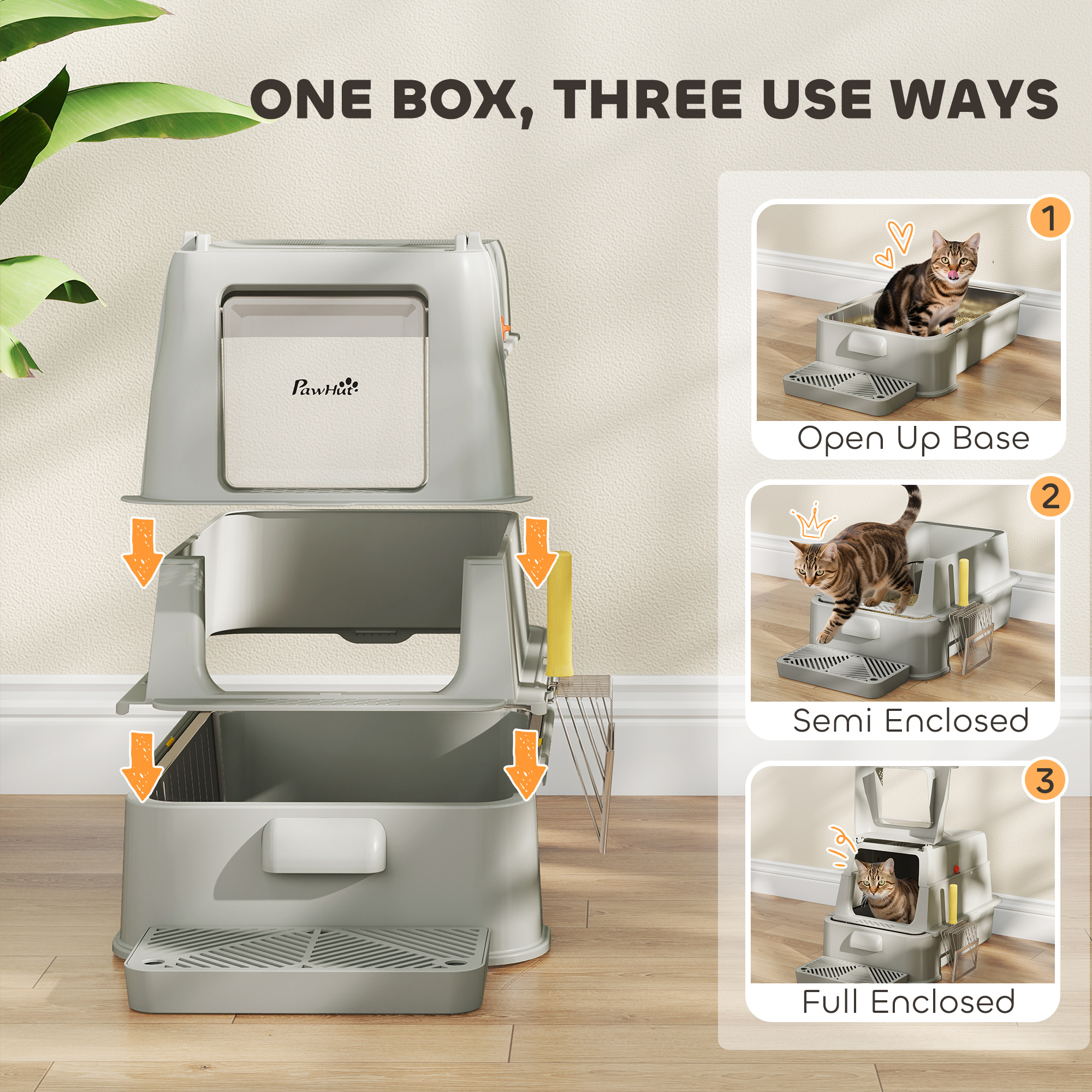 80L XL Stainless Steel Cat Litter Box for Big Cats with Flip Cover, Pull-Out Drawer Tray, High Sided, Pedal, Light Grey