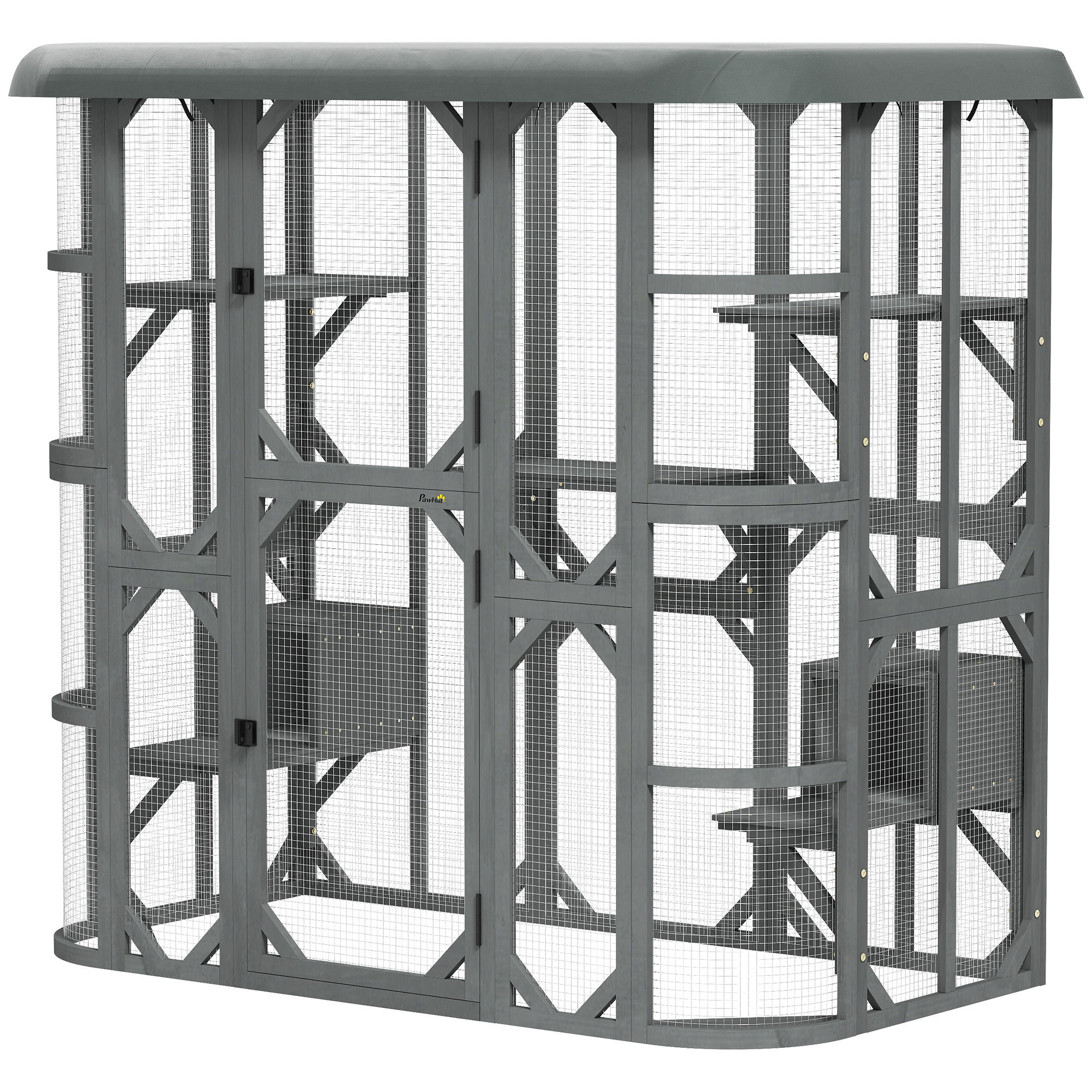 Catio Outdoor Cat Enclosure, 71" Wooden Cat House with Platforms, Condos and Waterproof Cover for 2–3 Kittens, Grey