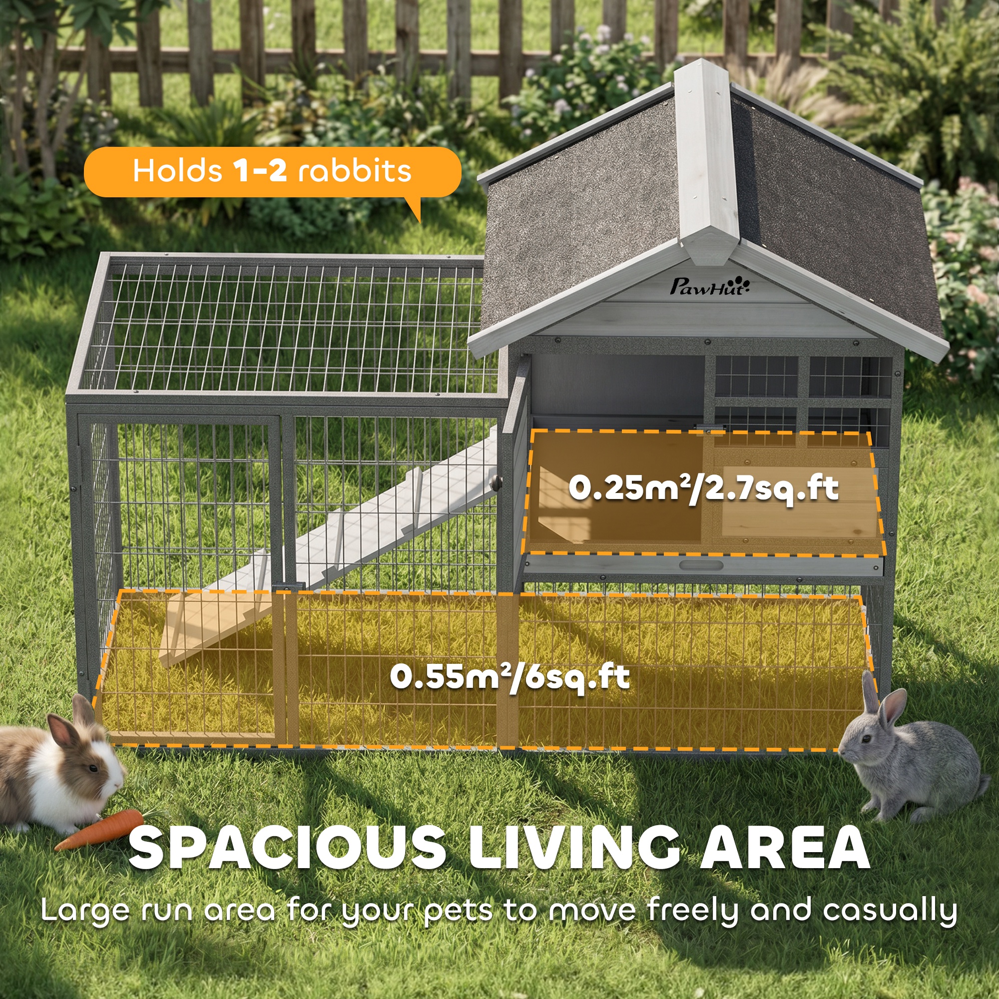 Rabbit Hutch Outdoor, 48"L Large Wooden Bunny Cage with Run, Grey