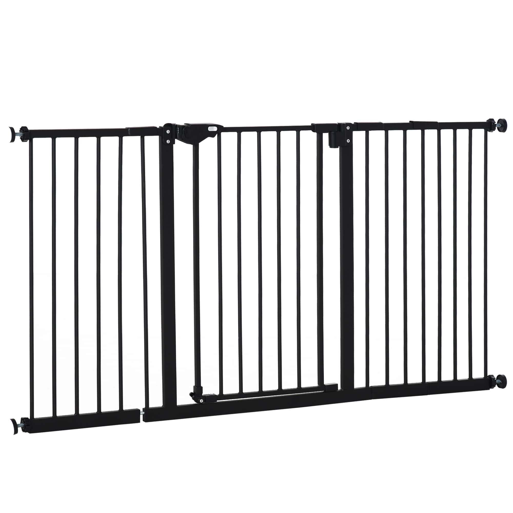 29"-58" Wide Pet Gate with Door Dog Gate and Barrier Indoor for Stairs Includes 7", 8", 12" Extensions Kit, 30 Inch Tall Pressure-Mounted Safety Gate, Black