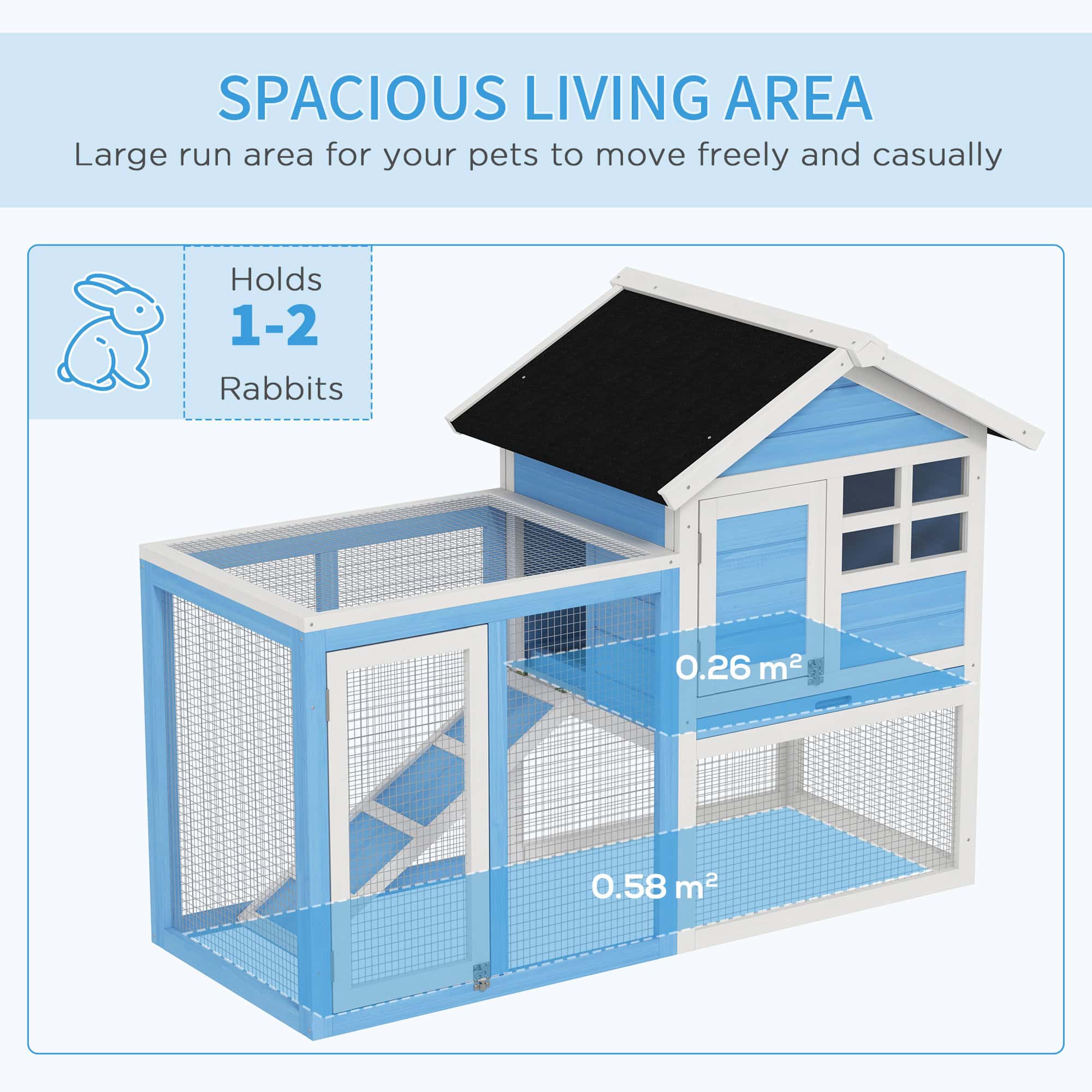 49" Wooden Rabbit Hutch With Slant Roof and Run, Light Blue