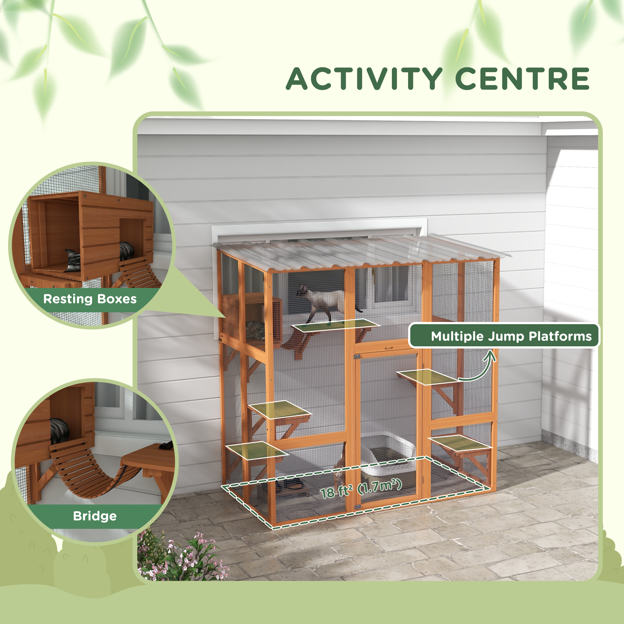 Large Outdoor Catio with Weatherproof Roof, Bridge, Resting Box, Platforms, Orange