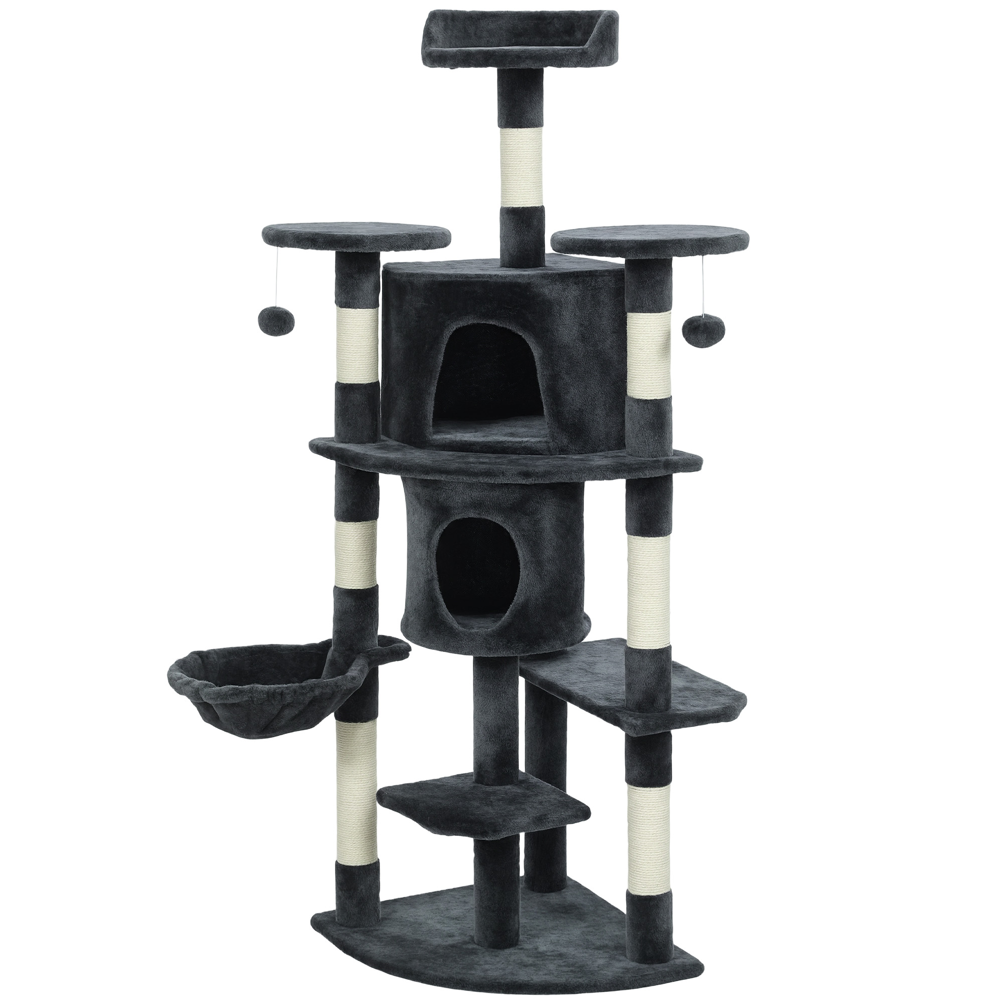 62" Cat Tree with Scratching Post, 2 Condos, Hammock, Perches, Plush, Pompoms, for Indoor Cats, Dark Grey - Image 2