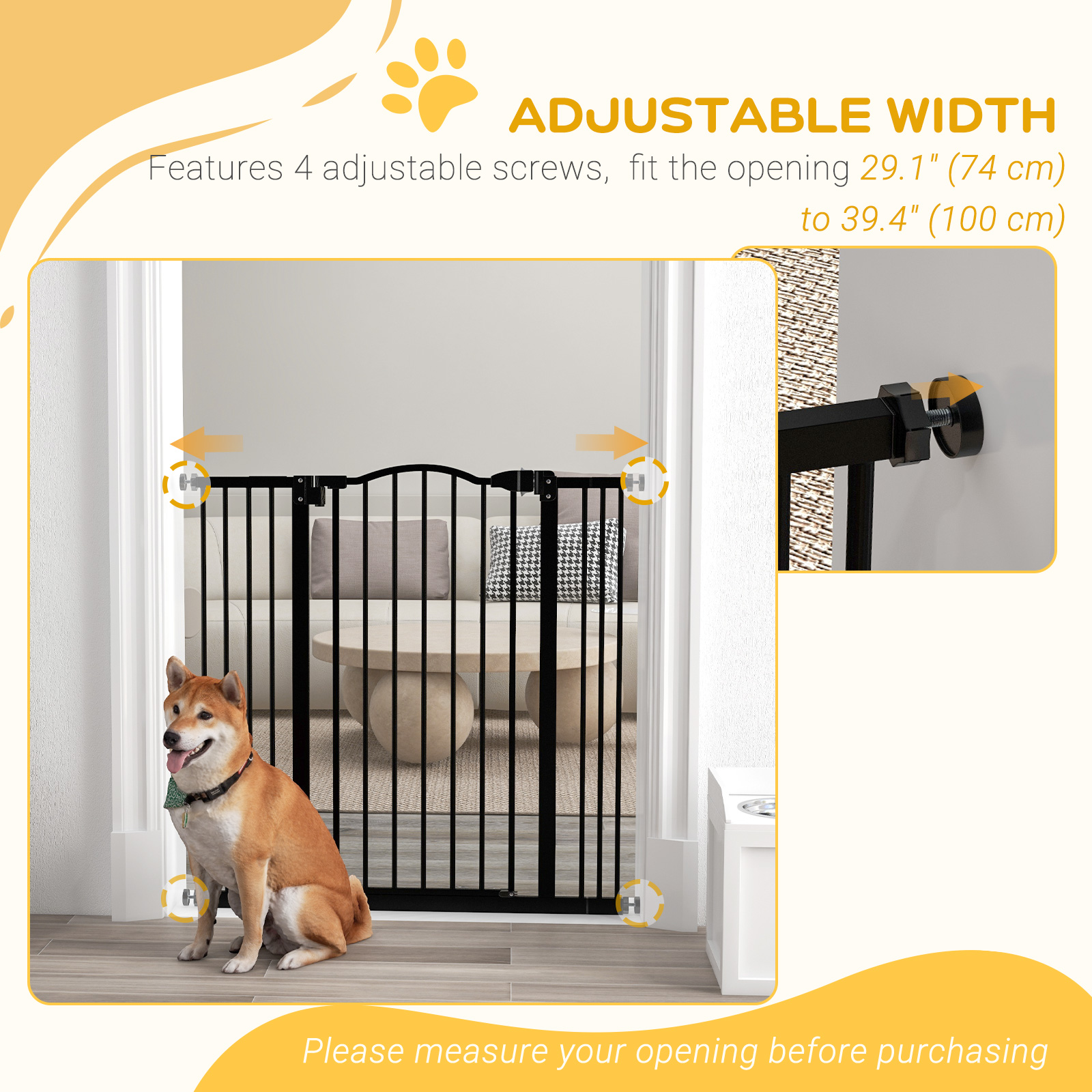 Extra Tall Dog Gate with Door, Pressure Fit, Auto Close, Double Locking for Doorways Hallways Stairs, 29"-39", Black