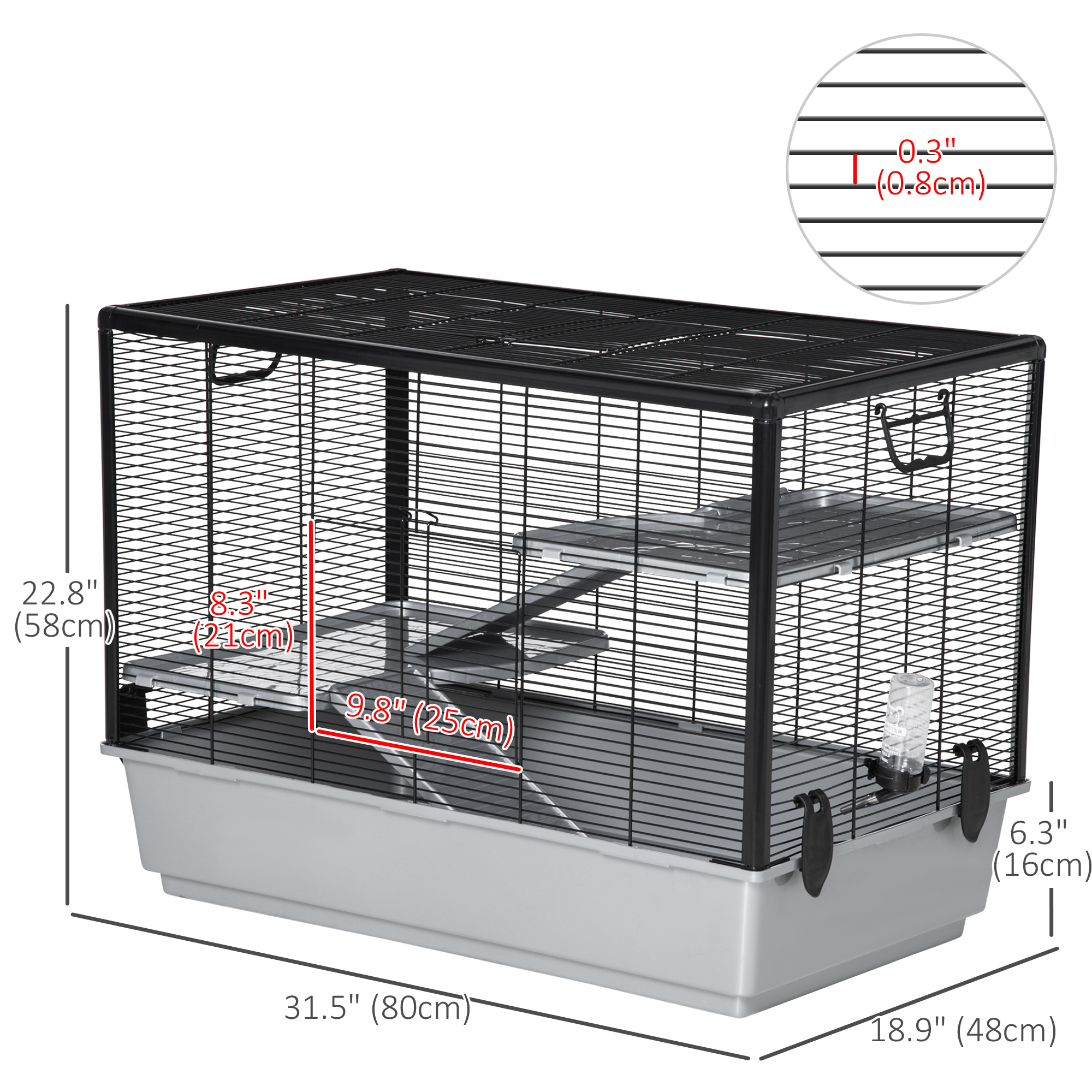 3-tier Hamster Cage, Guinea Pig Cage with Accessories Food Dish Water Bottle, Ramps, 31.5"x19"x 23", Grey