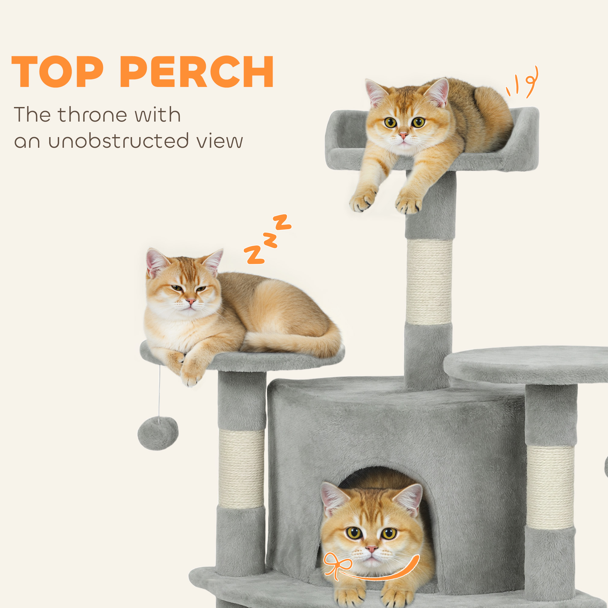 62" Cat Tree with Scratching Post, 2 Condos, Hammock, Perches, Plush, Pompoms, for Indoor Cats, Light Grey