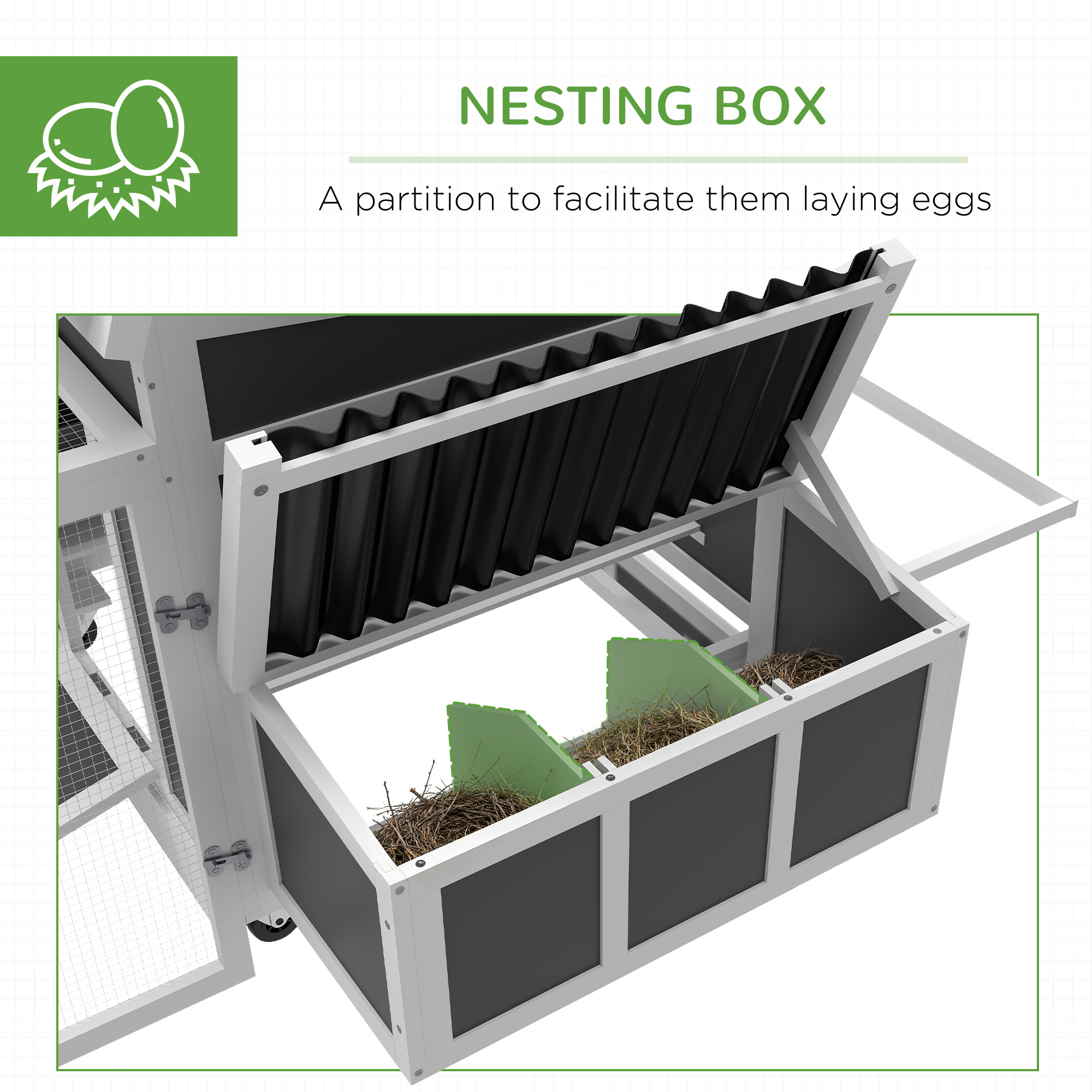 Wooden Chicken Coop, Rabbit Hutch with Large Run, Outdoor Poultry Cage with Nesting Box, Tray, Windows, Dark Grey - Image 6