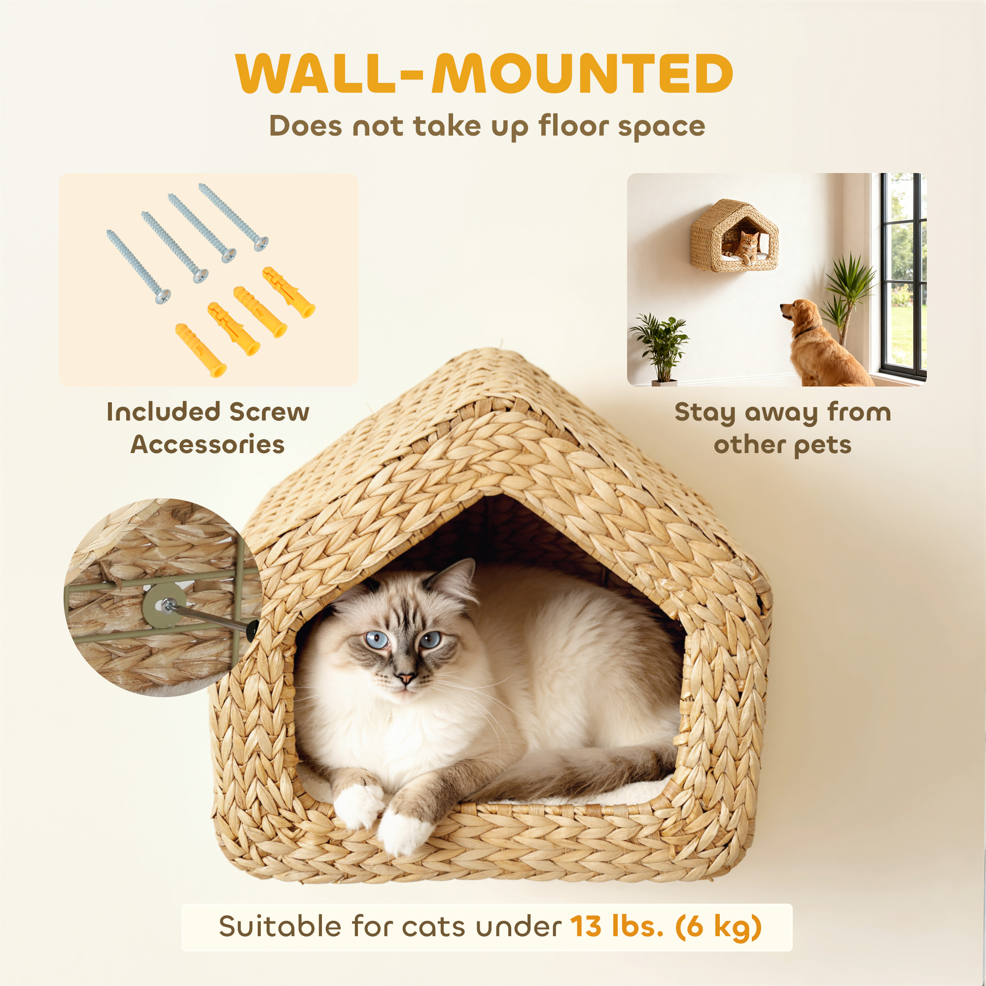 Cat Wall Shelf, Wall Mounted Cat House with Washable Cushion, Kitty Shelf Furniture for Indoor Kittens, Natural - Image 4