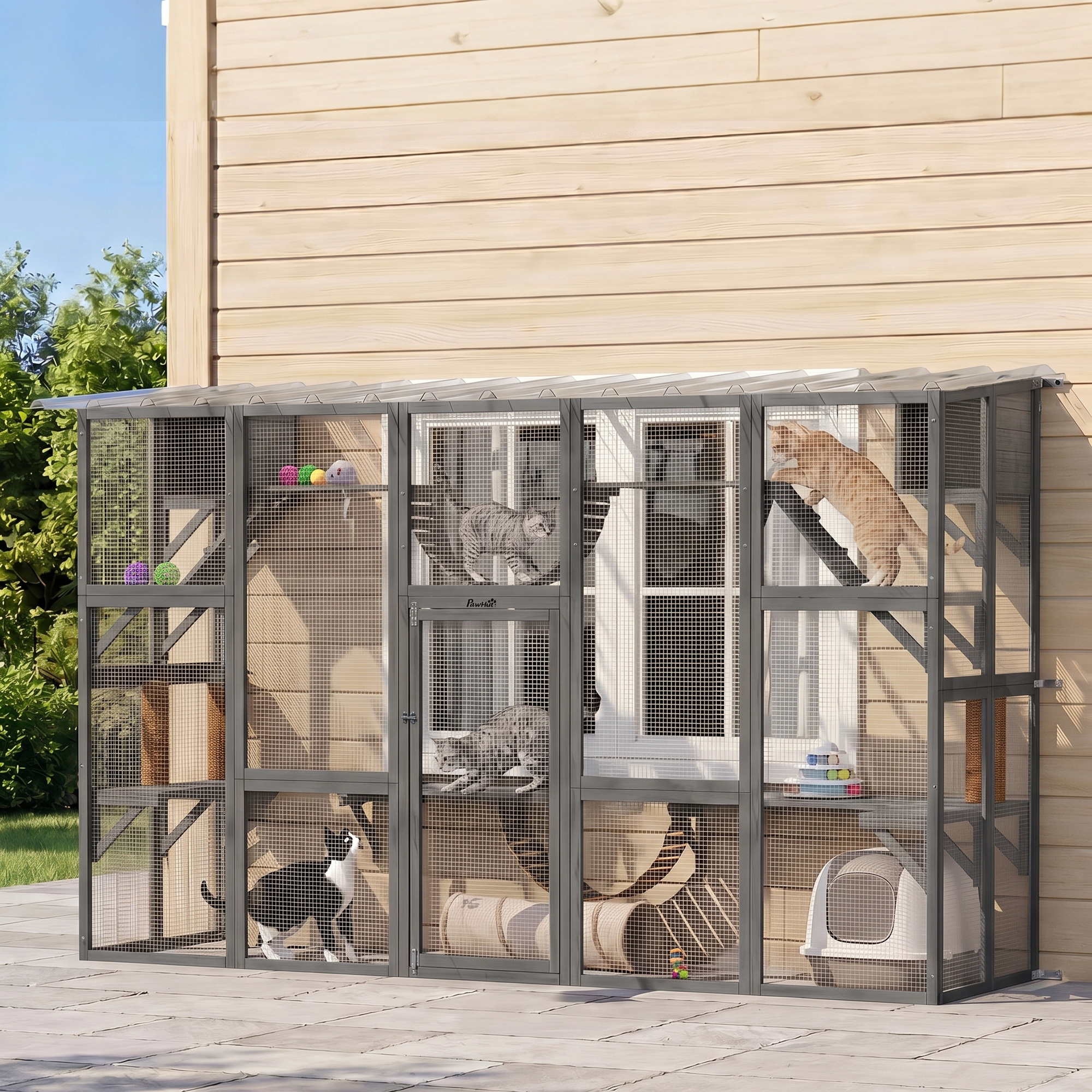 Large Outdoor Catio with Condos, Platforms, Doors, Ladders, Weather-Resistant Roof, Grey