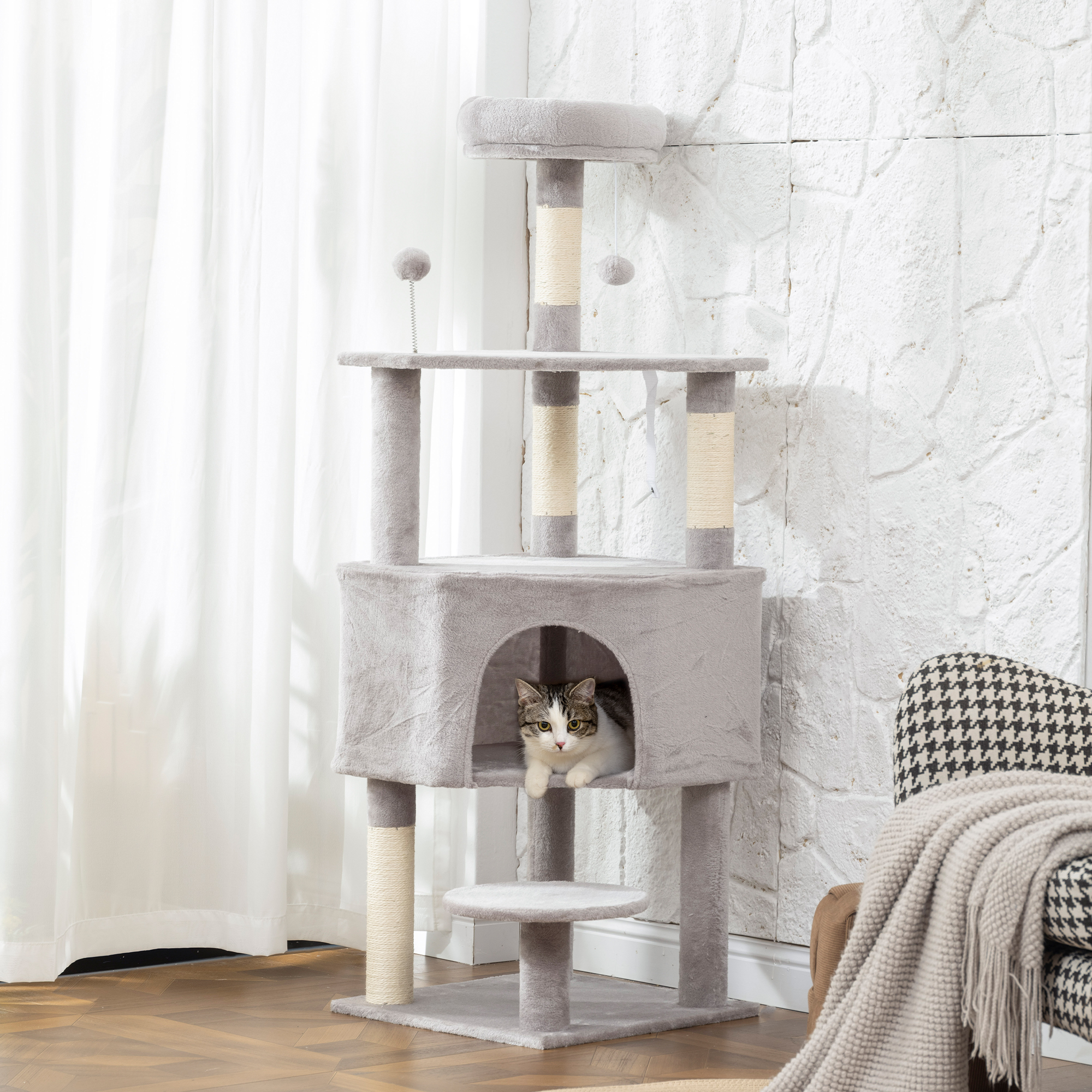 54 Inch Cat Tree with Large Condo, Top Perch, Sisal Scratching Posts, Dangling Toy Ball,Light Grey - Image 8
