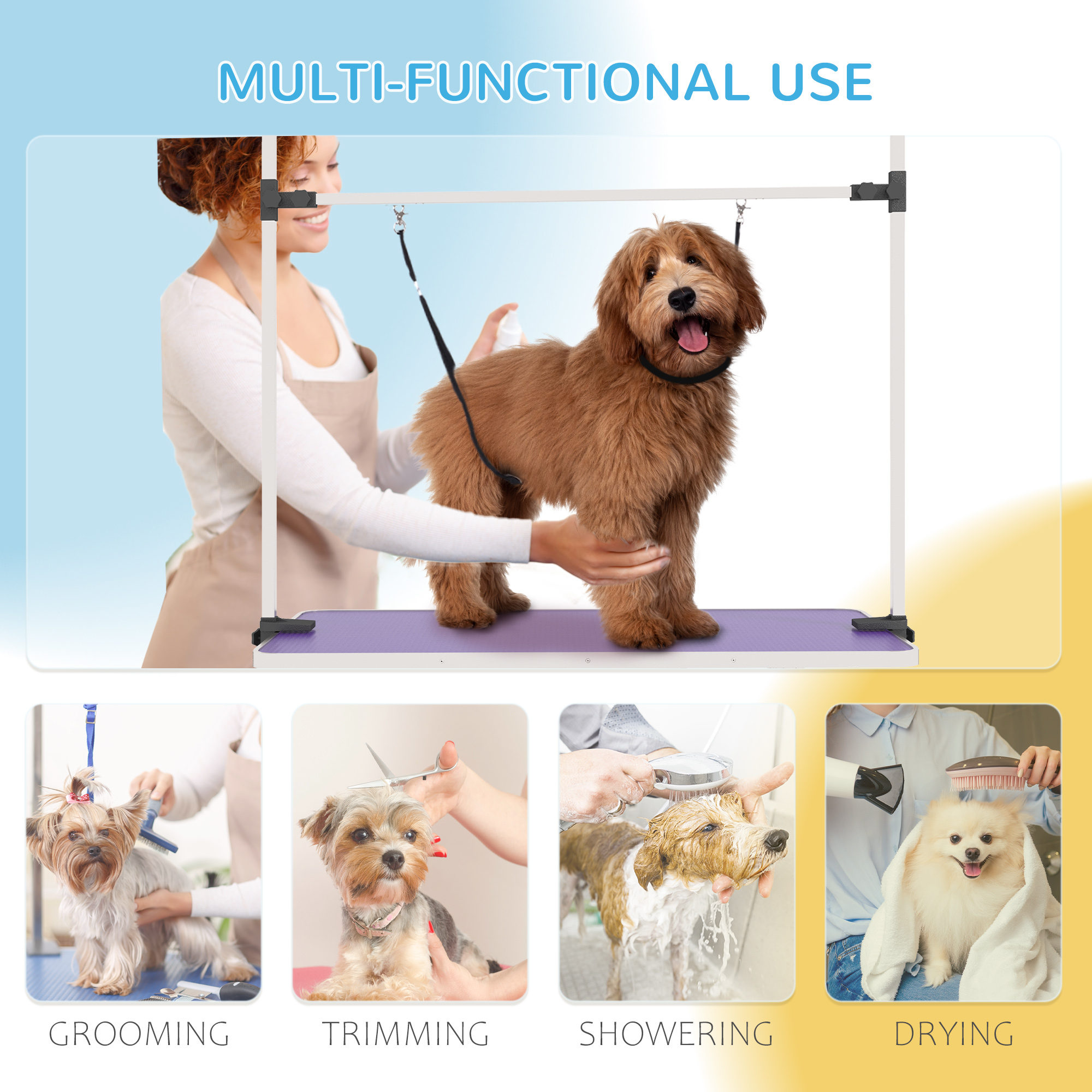 Adjustable Dog Grooming Table with 2 Safety Slings, Storage Basket, Purple