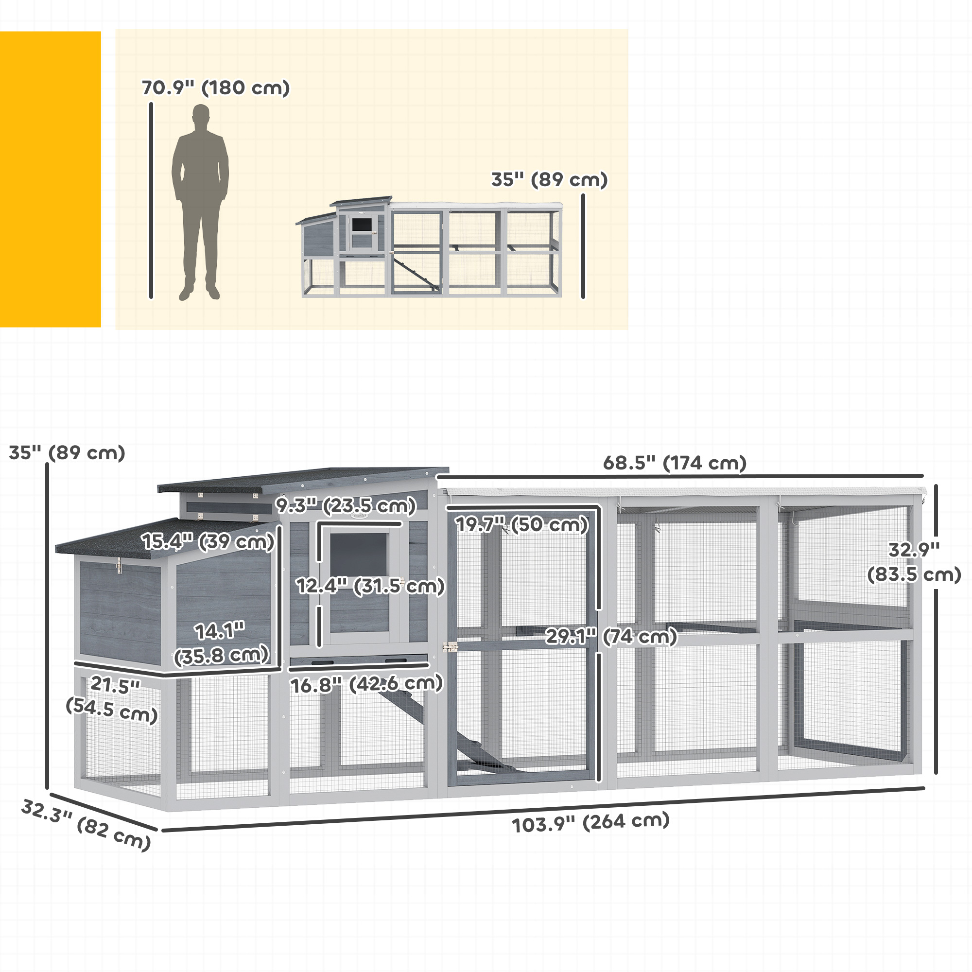 Large Chicken Coop, Wooden Hen House with Covered Run, Nesting Box, Pull-Out Tray, Opening Asphalt Roof