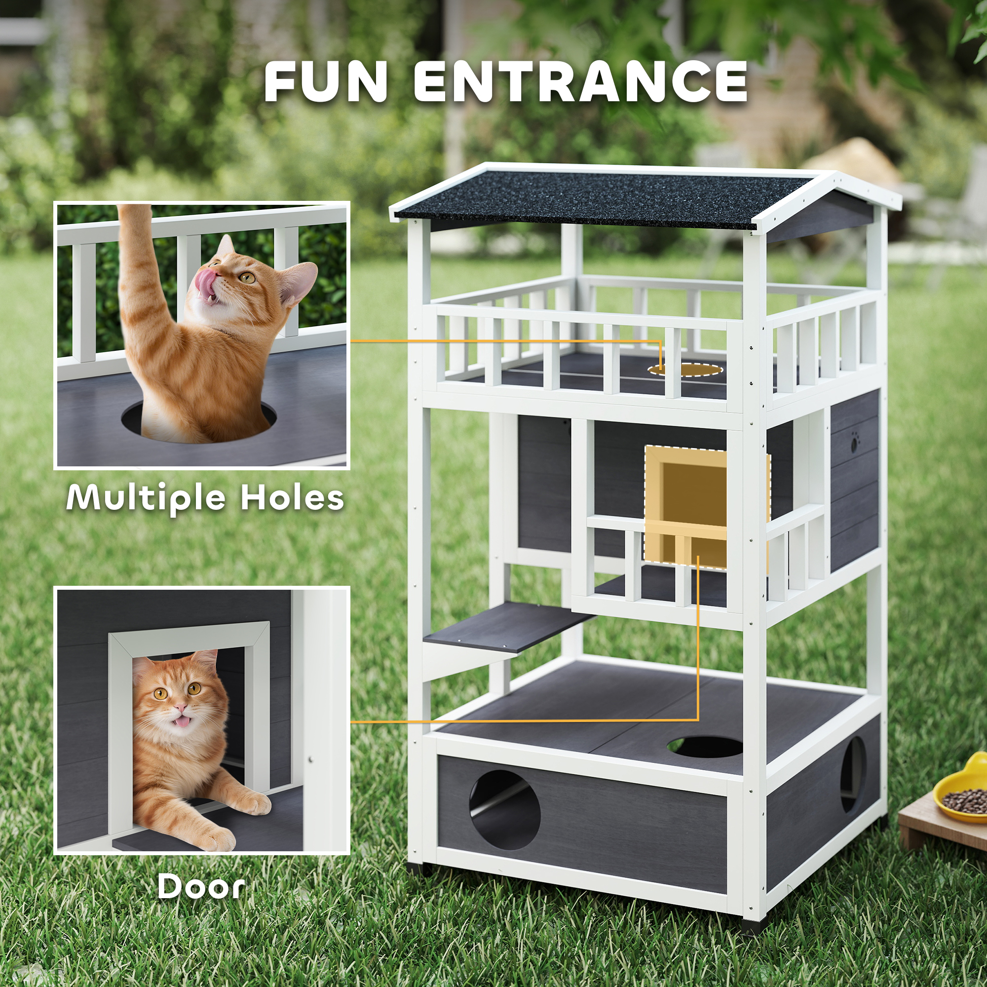 4-Floor Wood Outdoor Cat House Catio for Cats with Condo, Fun Entrances, Perch, Grey