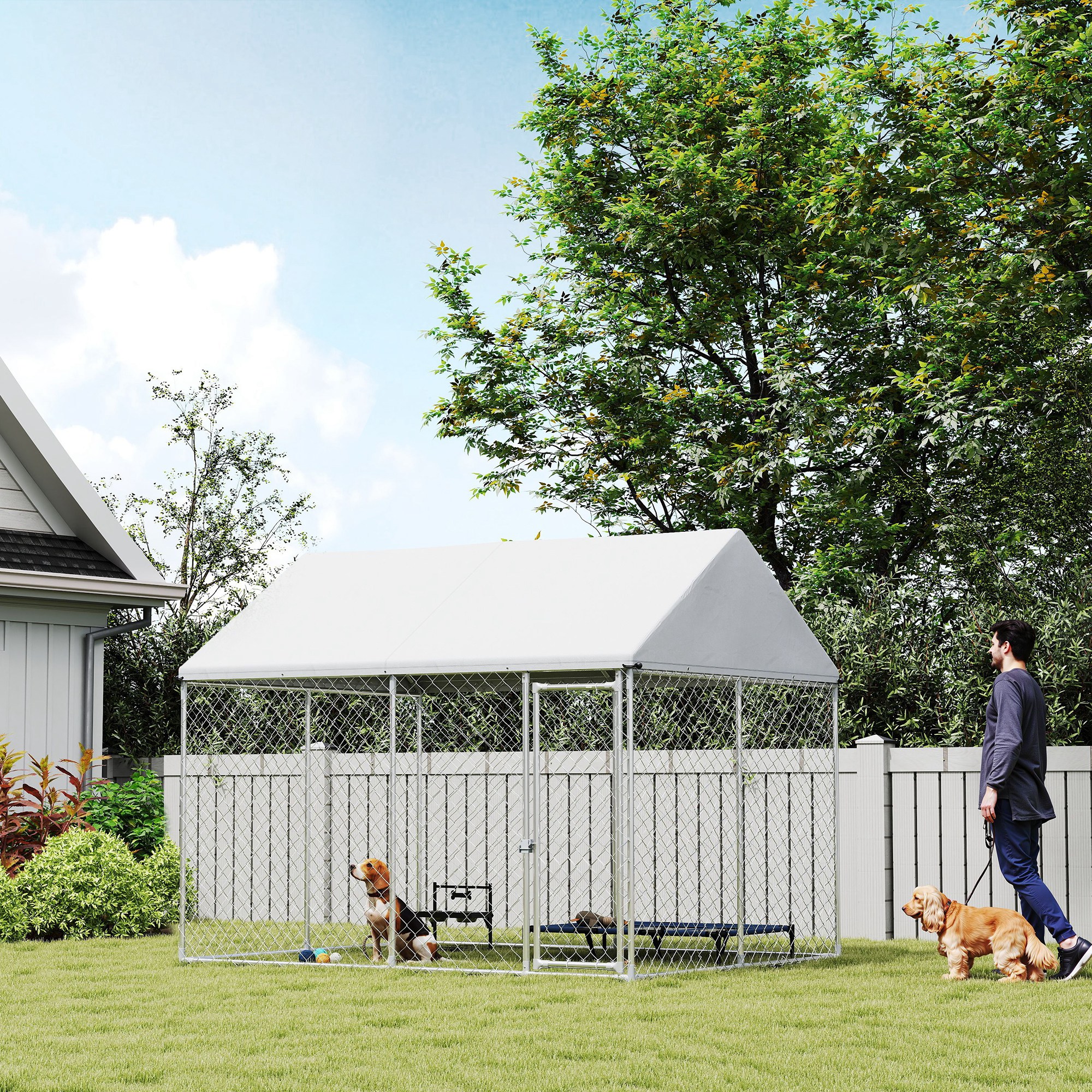 Heavy Duty Galvanized Steel Outdoor Dog Kennel with Waterproof Roof, Safety Lockable Latch System, 9.2' x 7.5' x 7.2'