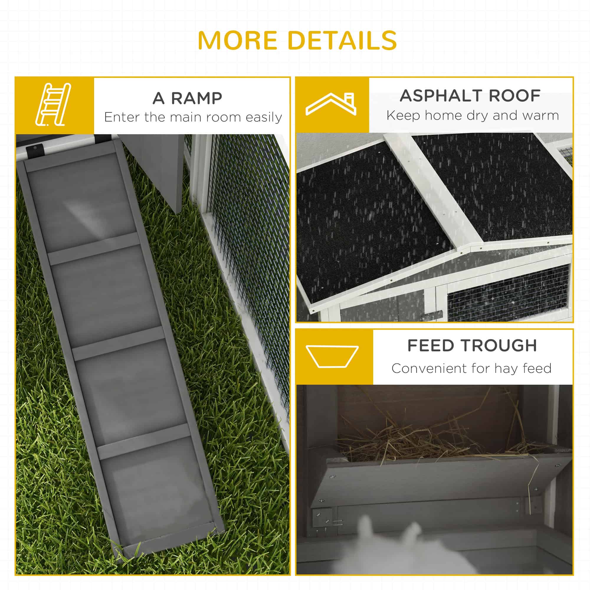Wooden Rabbit Hutch Guinea Pig House with Removable Tray, Openable Roof, Trough, Run for Tortoises and Ferrets, Grey