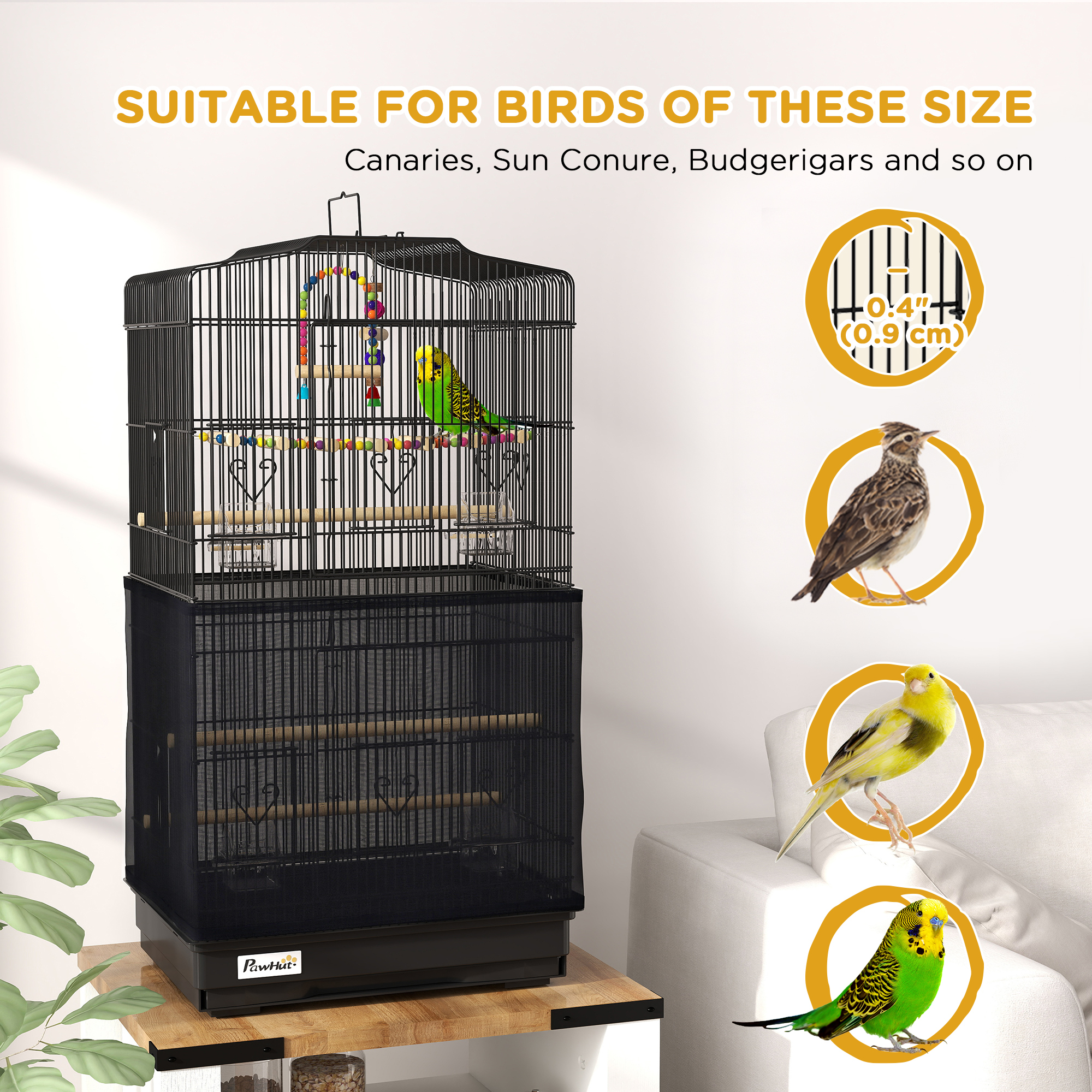 36" Bird Cage with Accessories, Handle, Mesh Cover, Tray, Black