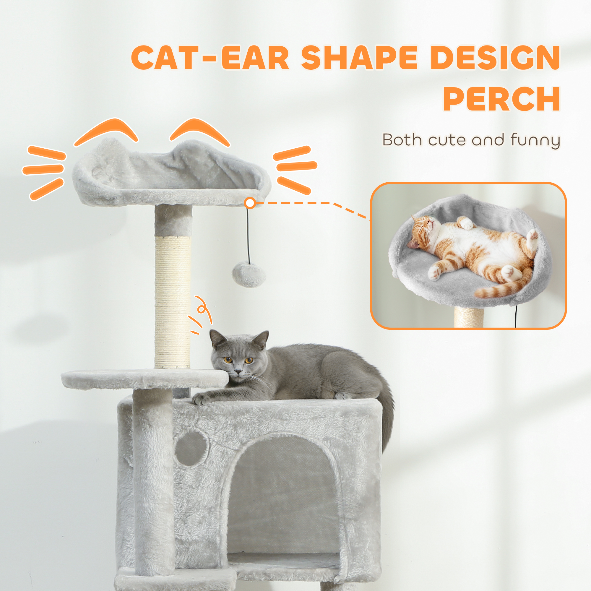 63 Inch Cat Tree with Sisal Scratching Posts, Condos, Plush Perches, Hammock, Ladder, Dangling Balls, Light Grey